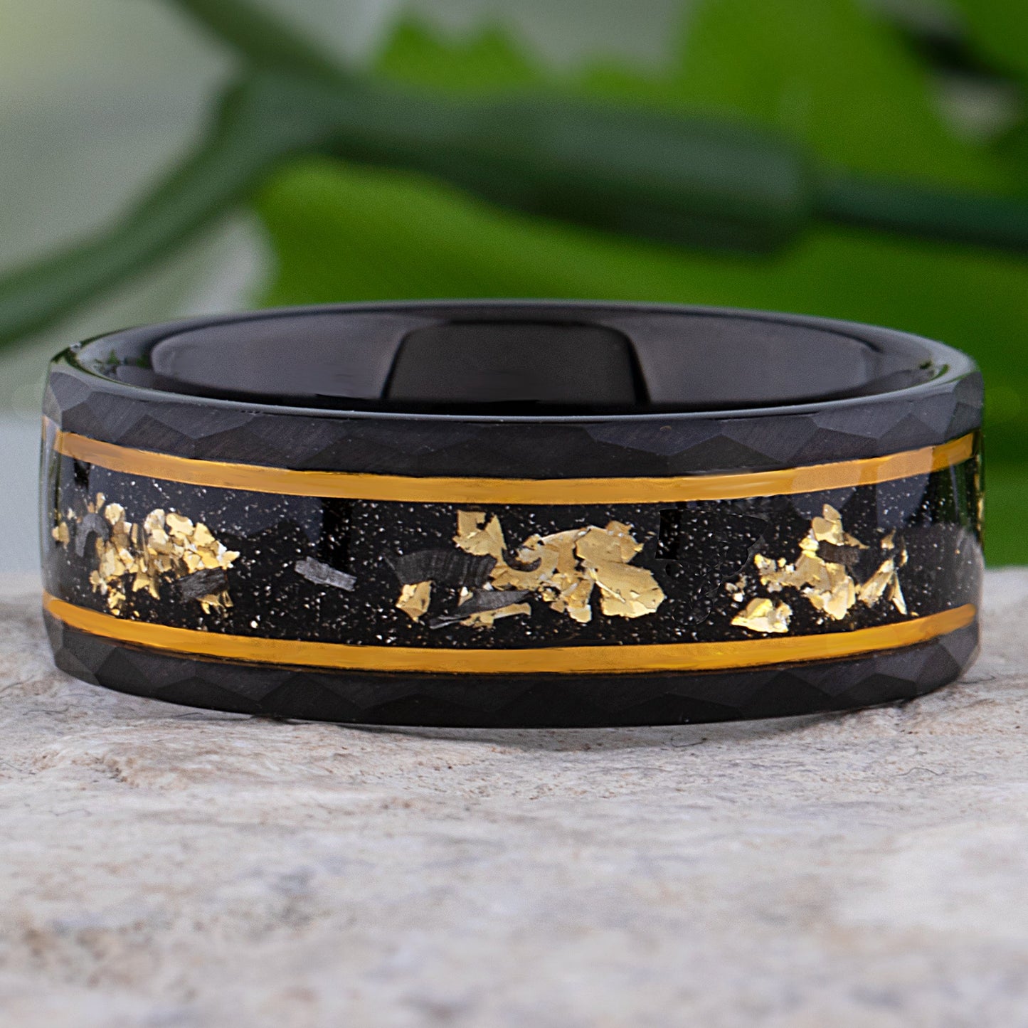 Yellow Gold Leaf & Meteorite Inlay Black Tungsten 8mm Width
