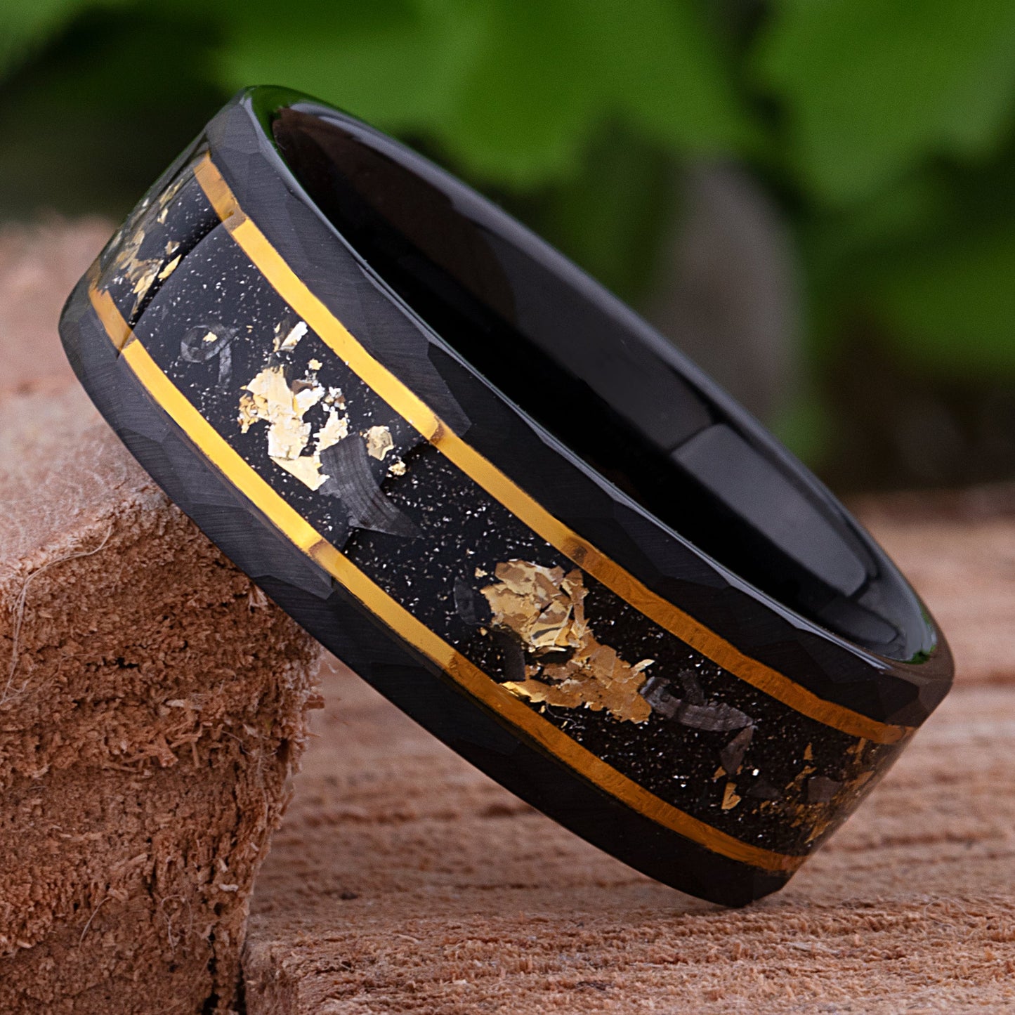 Yellow Gold Leaf & Meteorite Inlay Black Tungsten 8mm Width