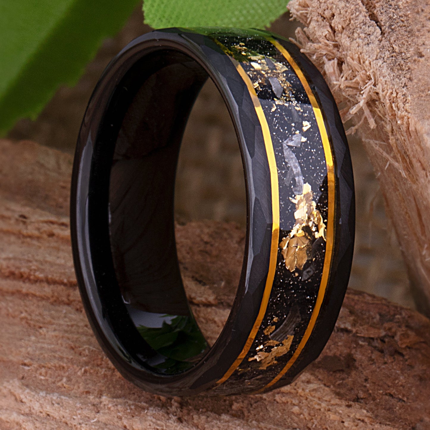 Yellow Gold Leaf & Meteorite Inlay Black Tungsten 8mm Width