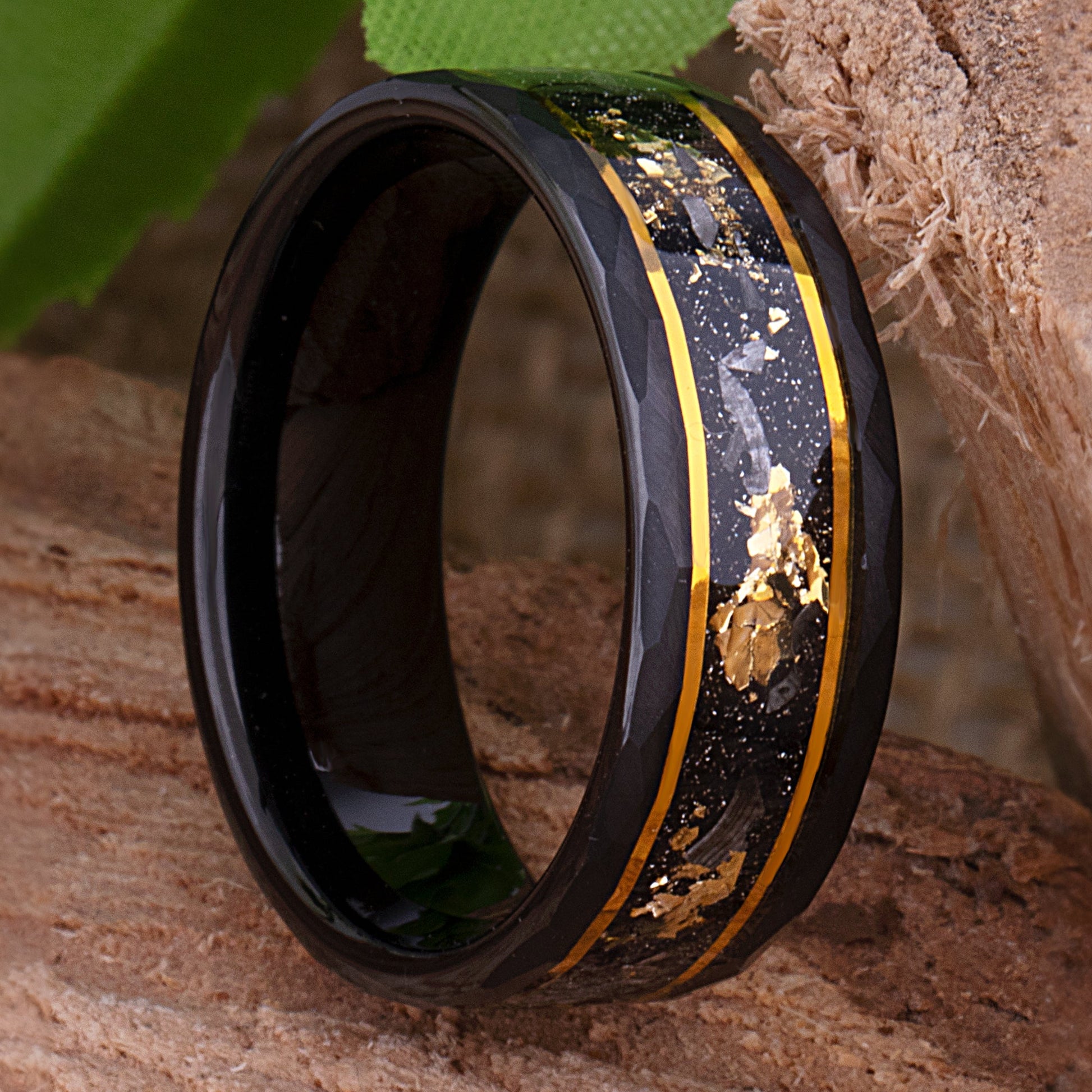 Yellow Gold Leaf & Meteorite Inlay Black Tungsten 8mm Width