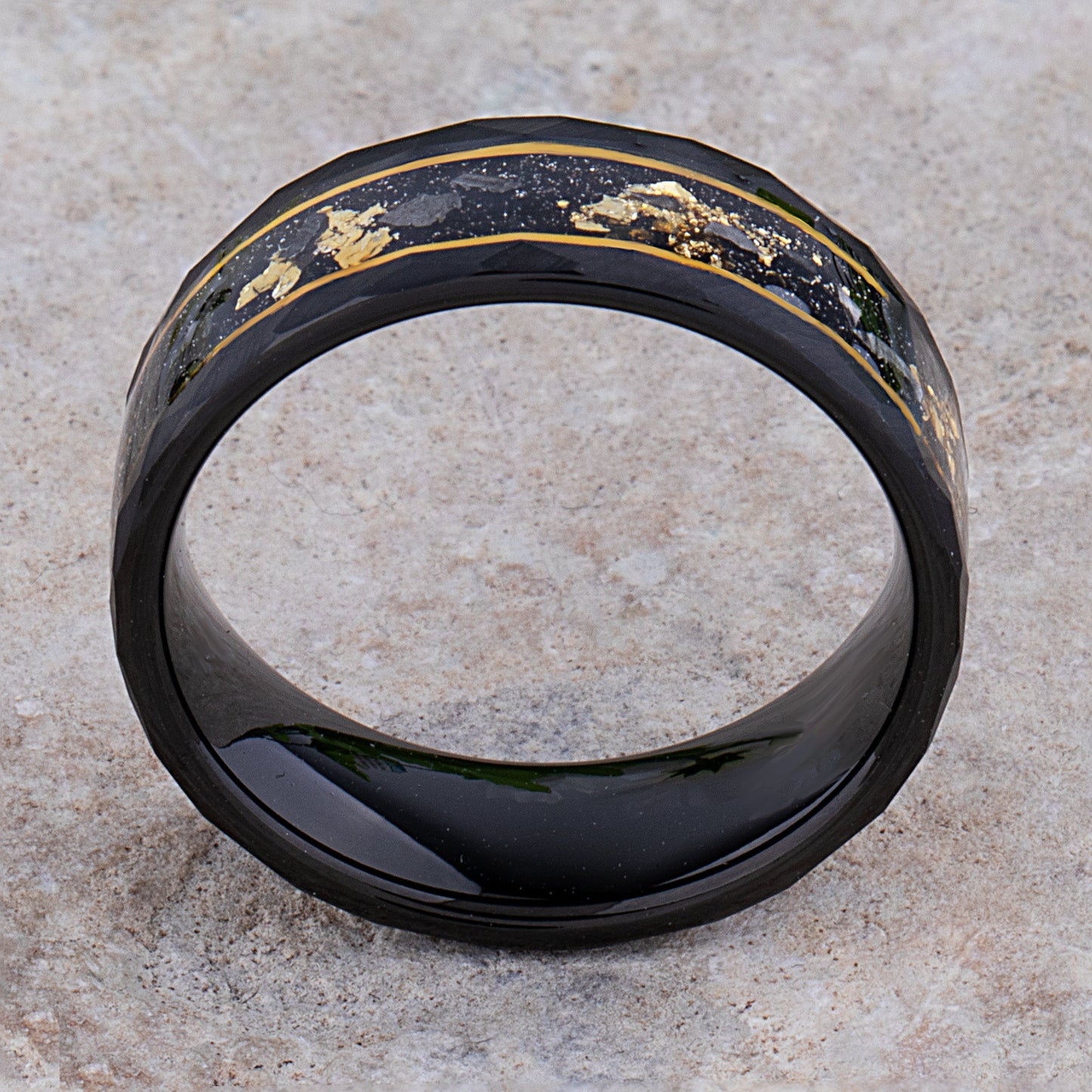 Yellow Gold Leaf & Meteorite Inlay Black Tungsten 8mm Width