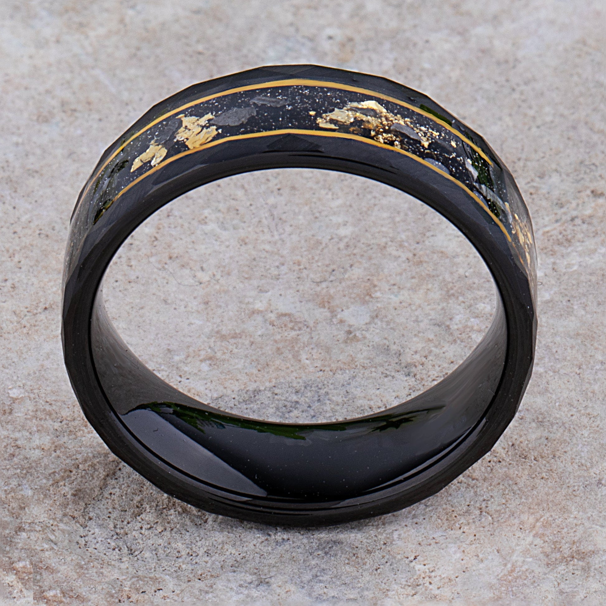 Yellow Gold Leaf & Meteorite Inlay Black Tungsten 8mm Width
