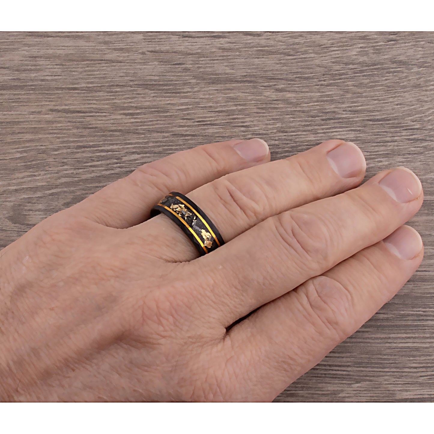 Yellow Gold Leaf & Meteorite Inlay Black Tungsten 8mm Width