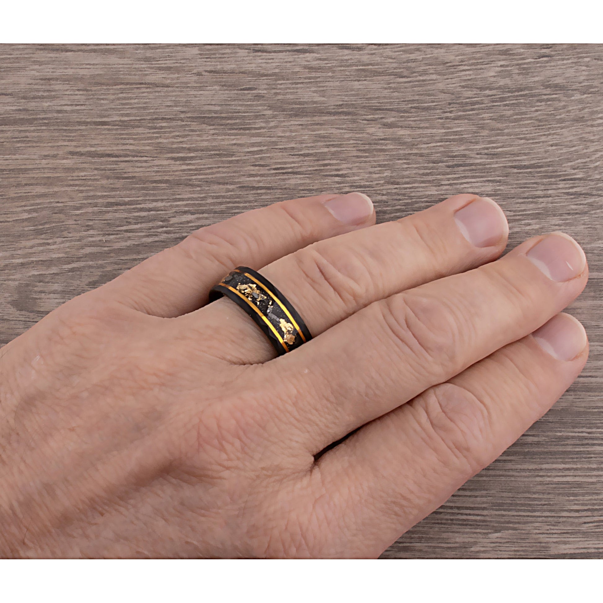 Yellow Gold Leaf & Meteorite Inlay Black Tungsten 8mm Width