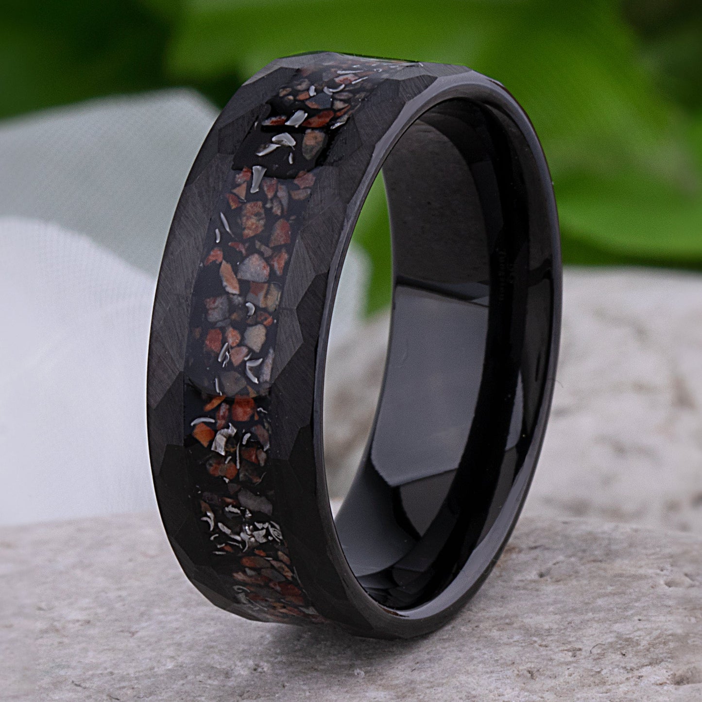 Dinosaur Bone and Meteorite Black Tungsten Wedding Band 8mm with Faceted Brush Finish, New Design Tungsten Ring, Best Quality Workmanship