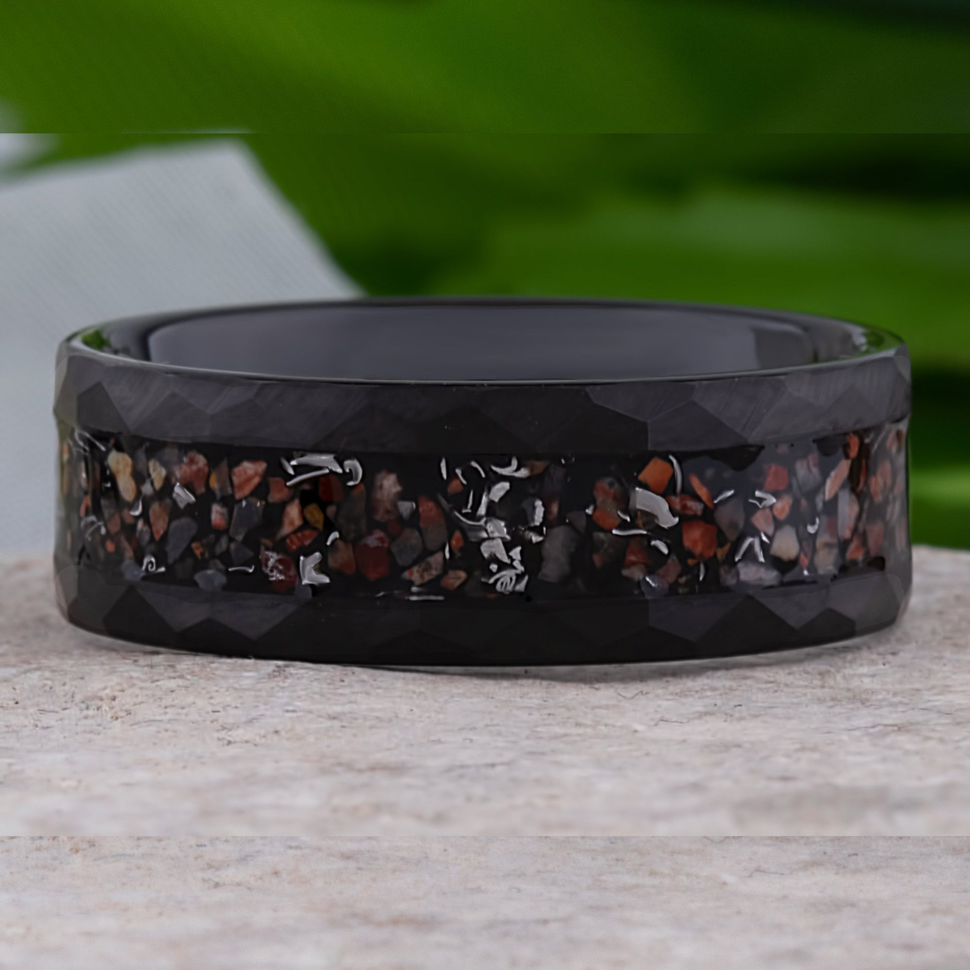 Dinosaur Bone and Meteorite Black Tungsten Wedding Band 8mm with Faceted Brush Finish, New Design Tungsten Ring, Best Quality Workmanship