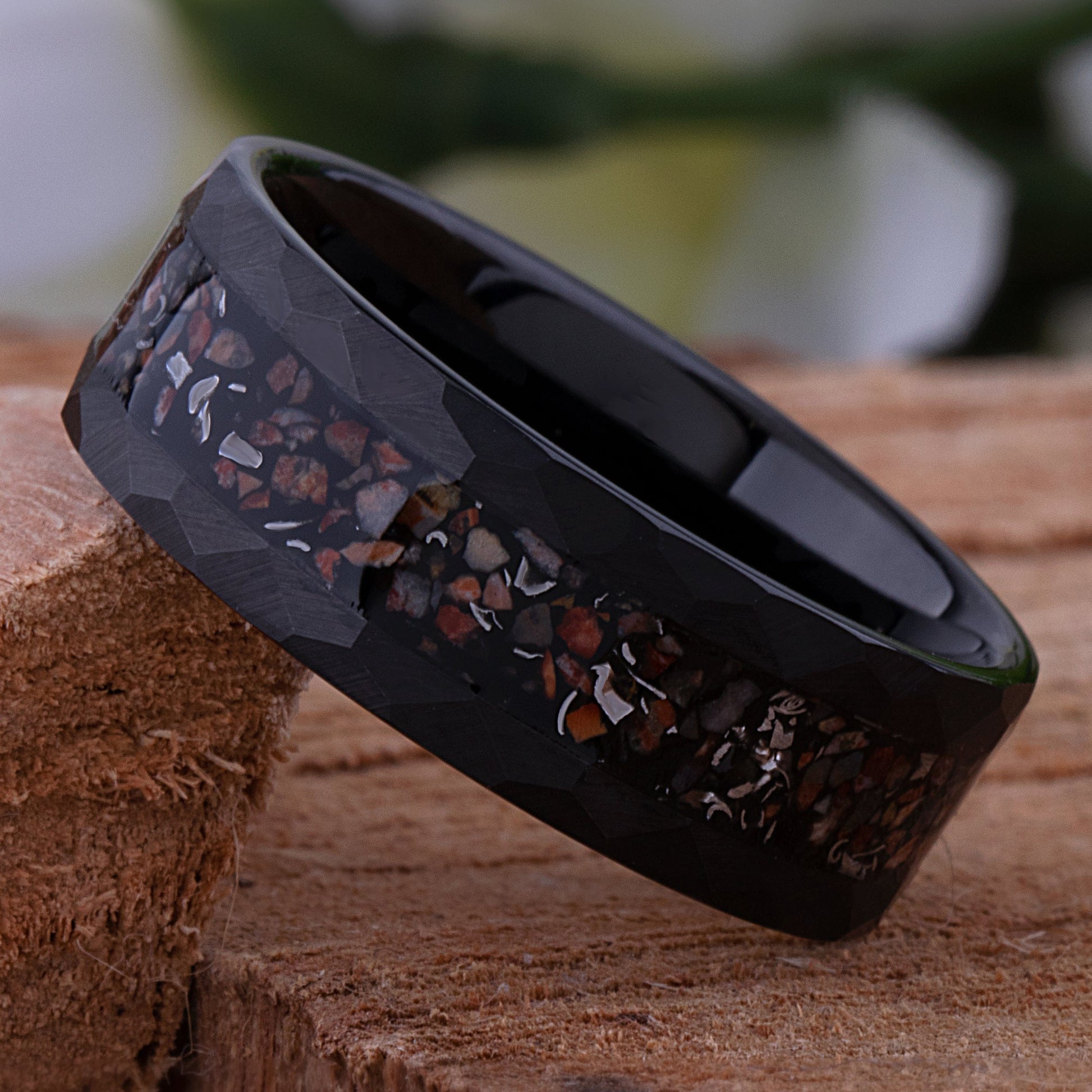 Dinosaur Bone and Meteorite Black Tungsten Wedding Band 8mm with Faceted Brush Finish, New Design Tungsten Ring, Best Quality Workmanship