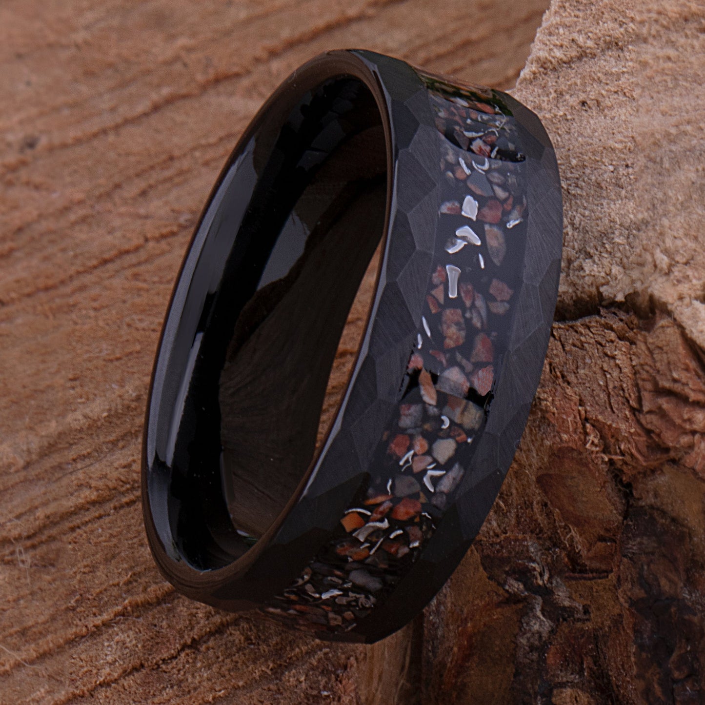 Dinosaur Bone and Meteorite Black Tungsten Wedding Band 8mm with Faceted Brush Finish, New Design Tungsten Ring, Best Quality Workmanship