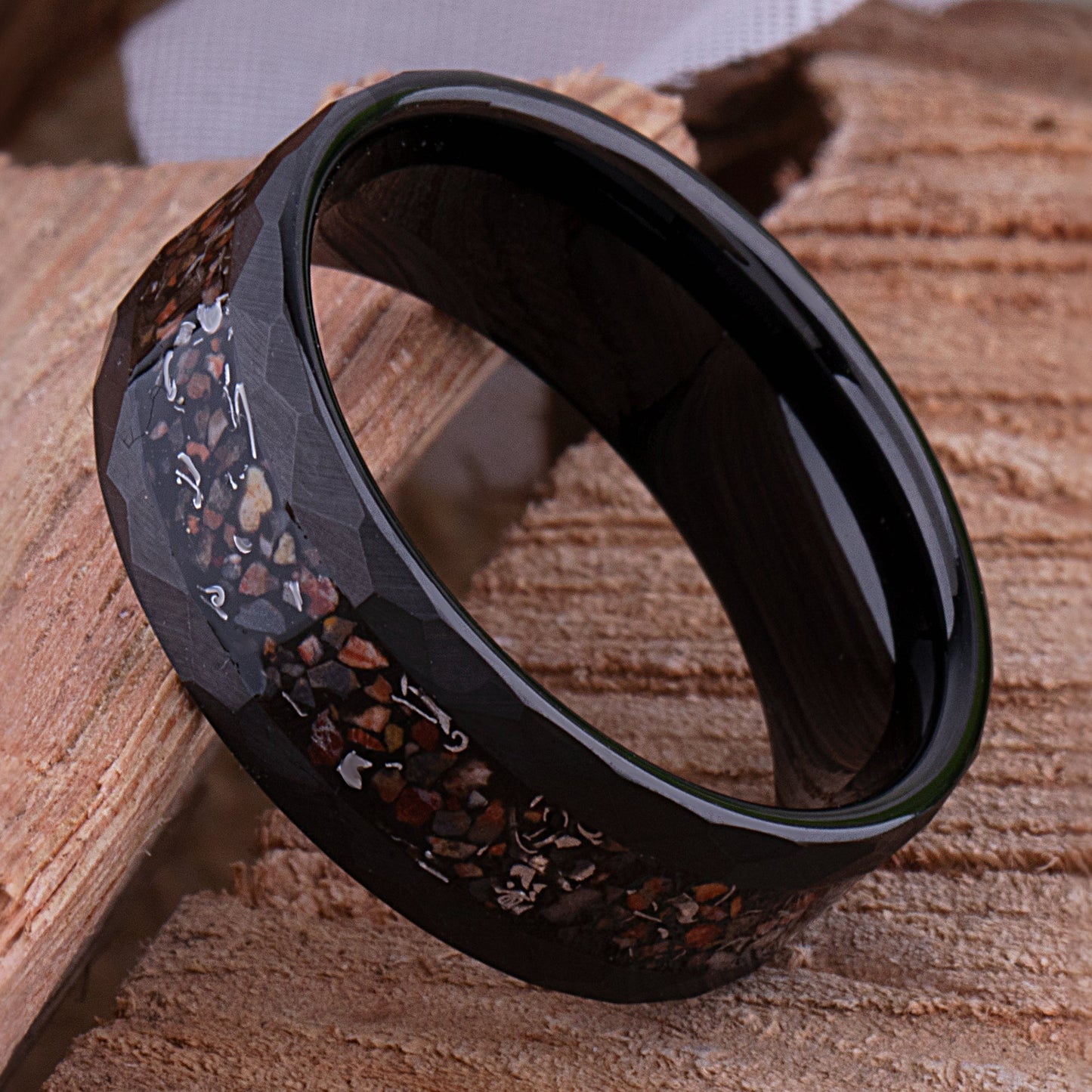 Dinosaur Bone and Meteorite Black Tungsten Wedding Band 8mm with Faceted Brush Finish, New Design Tungsten Ring, Best Quality Workmanship