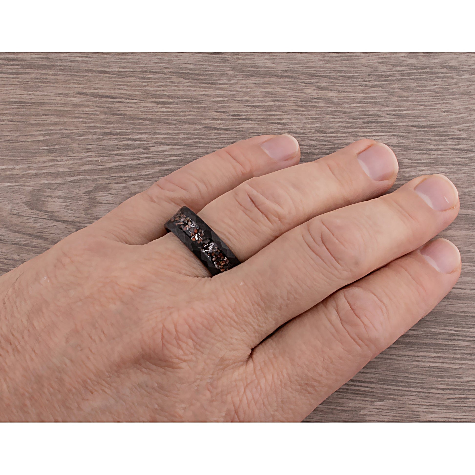 Dinosaur Bone and Meteorite Black Tungsten Wedding Band 8mm with Faceted Brush Finish, New Design Tungsten Ring, Best Quality Workmanship