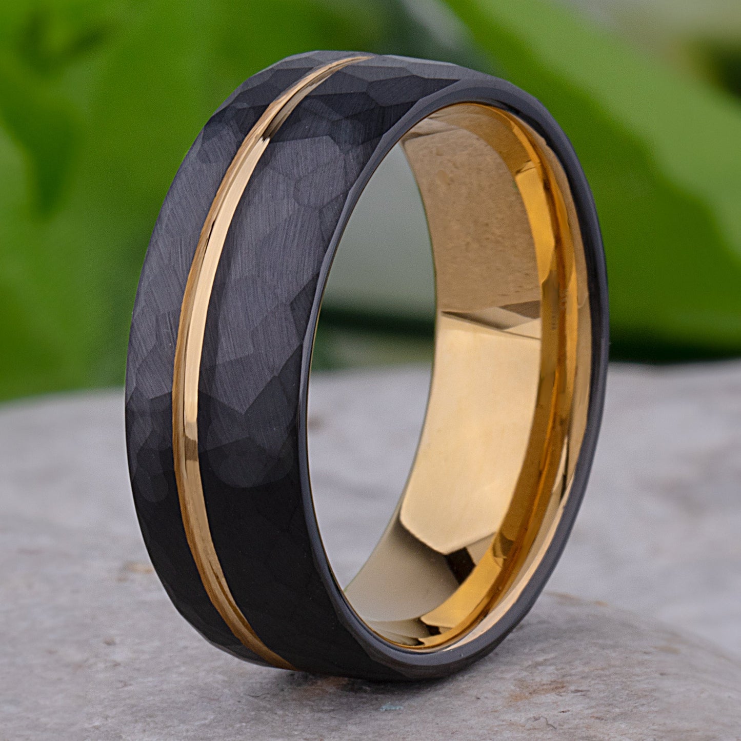 Black and Yellow Gold Tungsten Carbide Men's Wedding Band or Engagement Ring 8mm Wide with Brushed Faceted Surface