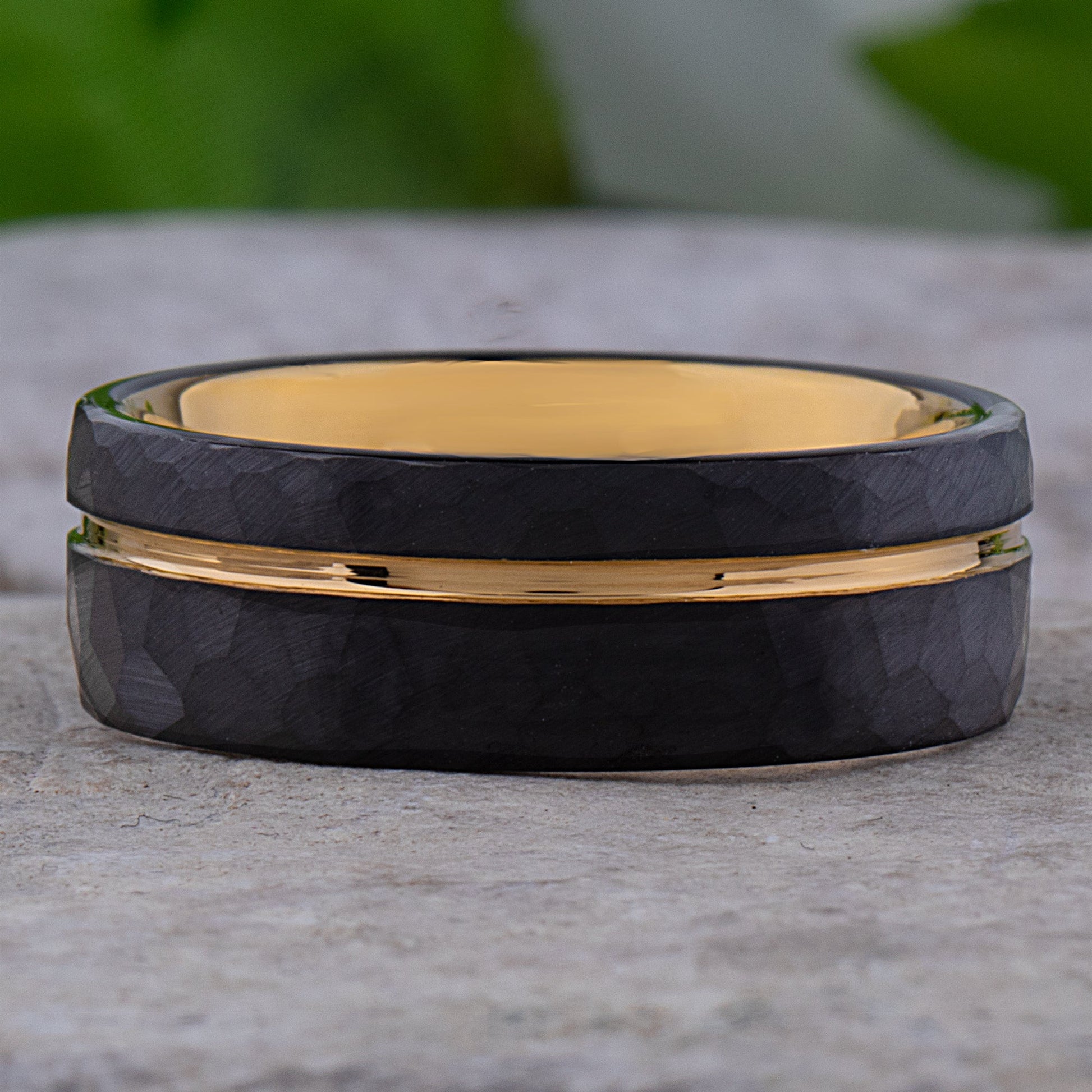 Black and Yellow Gold Tungsten Carbide Men's Wedding Band or Engagement Ring 8mm Wide with Brushed Faceted Surface