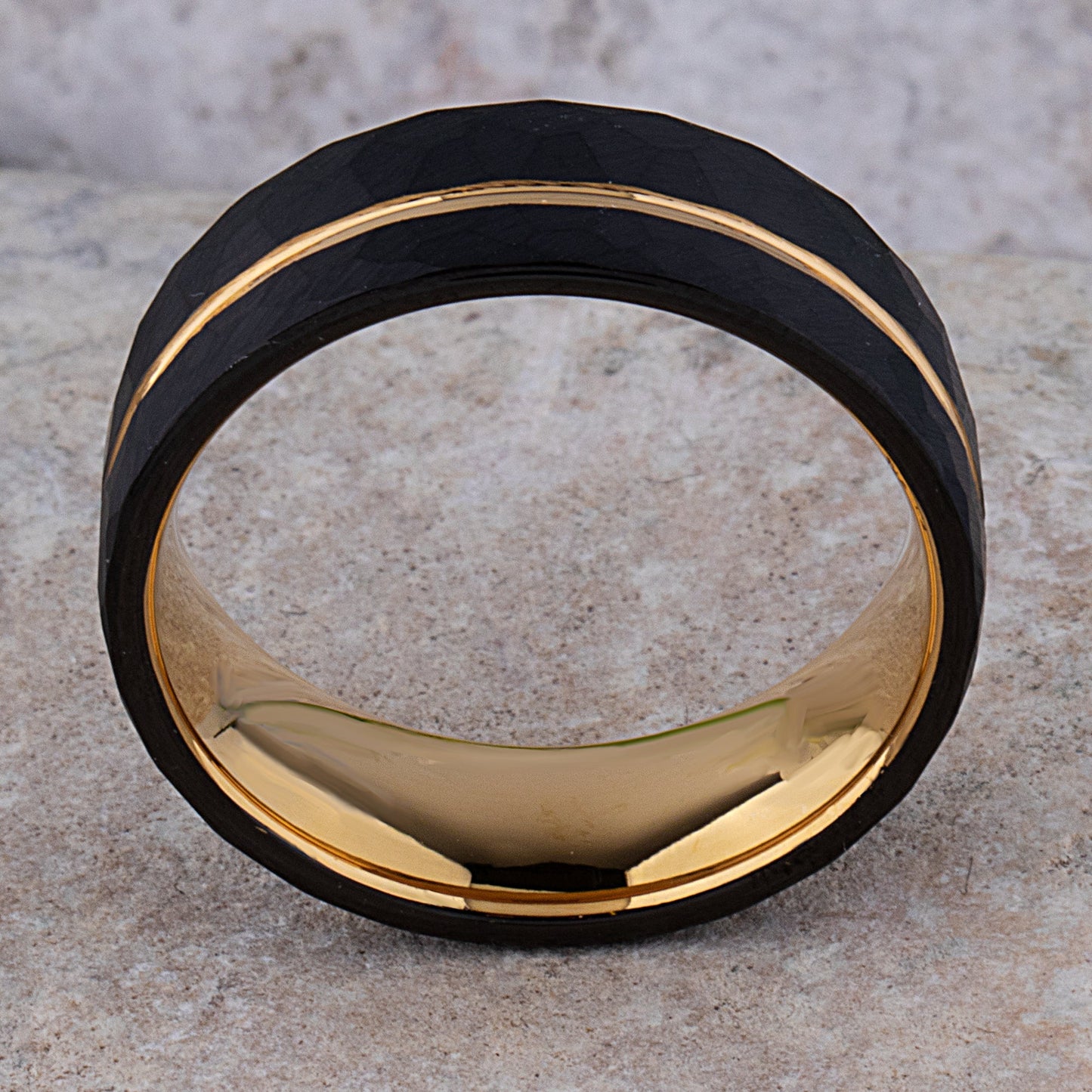 Black and Yellow Gold Tungsten Carbide Men's Wedding Band or Engagement Ring 8mm Wide with Brushed Faceted Surface