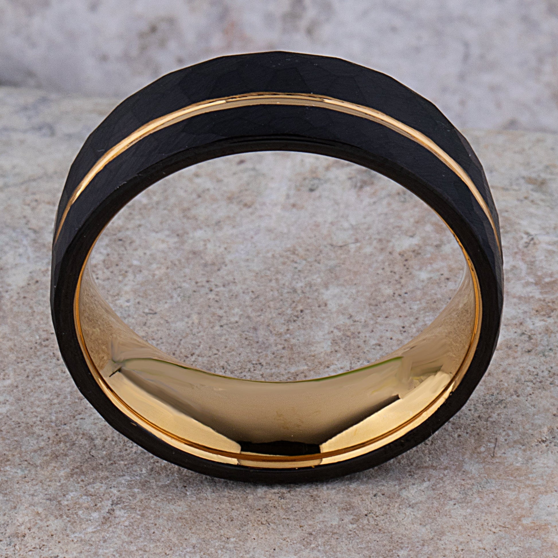 Black and Yellow Gold Tungsten Carbide Men's Wedding Band or Engagement Ring 8mm Wide with Brushed Faceted Surface