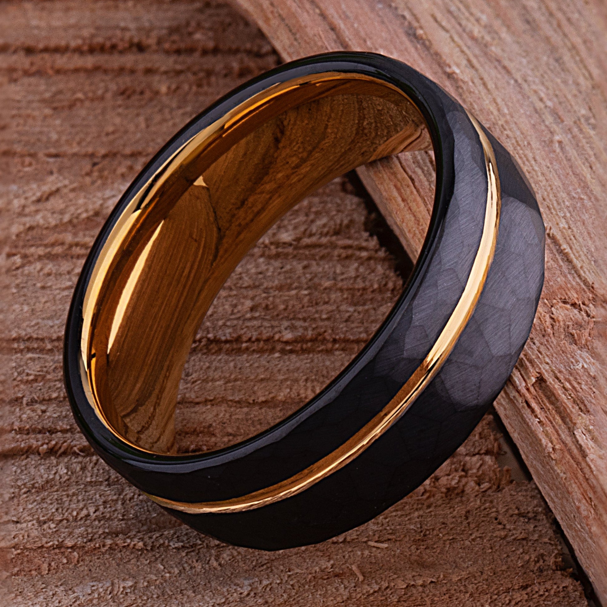 Black and Yellow Gold Tungsten Carbide Men's Wedding Band or Engagement Ring 8mm Wide with Brushed Faceted Surface