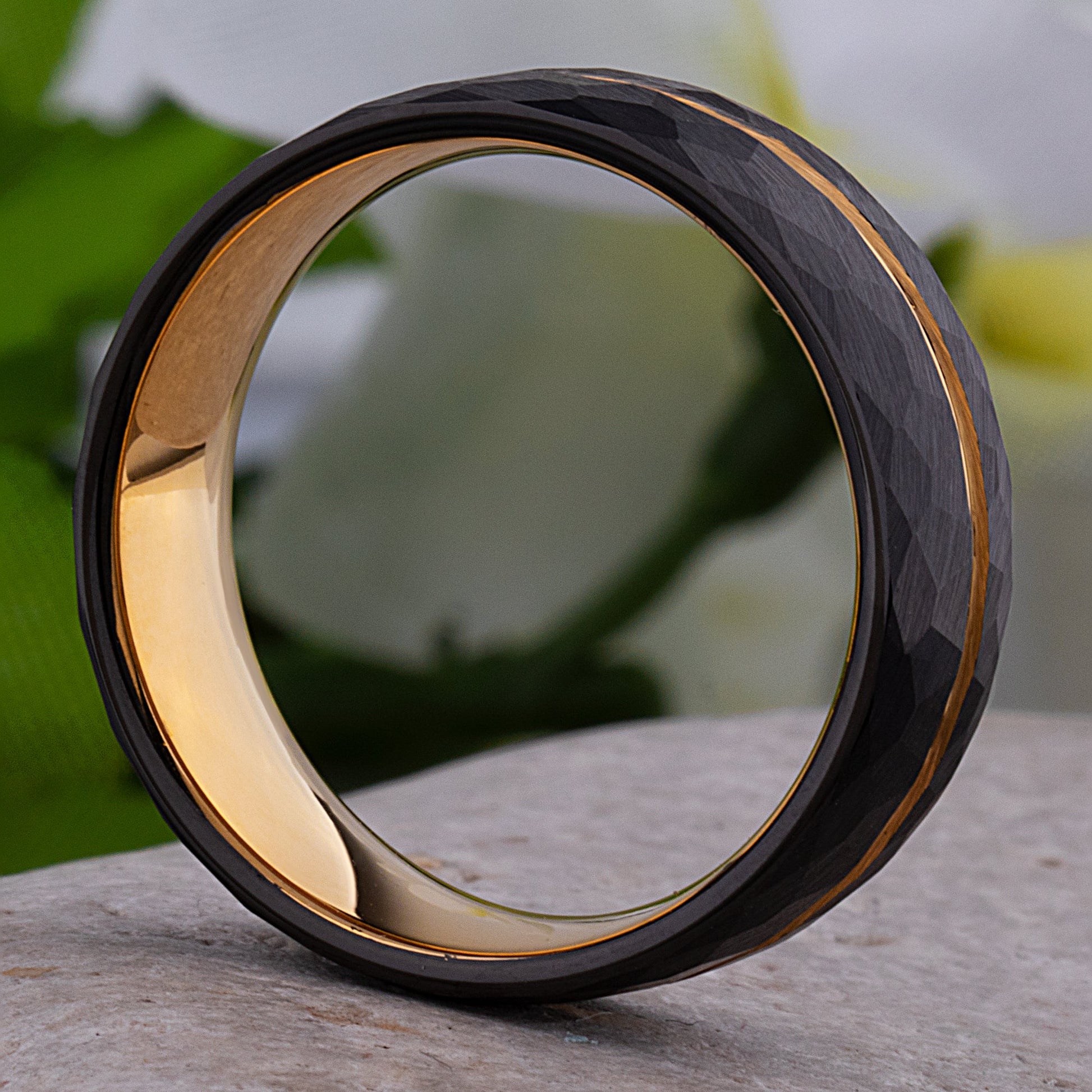 Black and Yellow Gold Tungsten Carbide Men's Wedding Band or Engagement Ring 8mm Wide with Brushed Faceted Surface