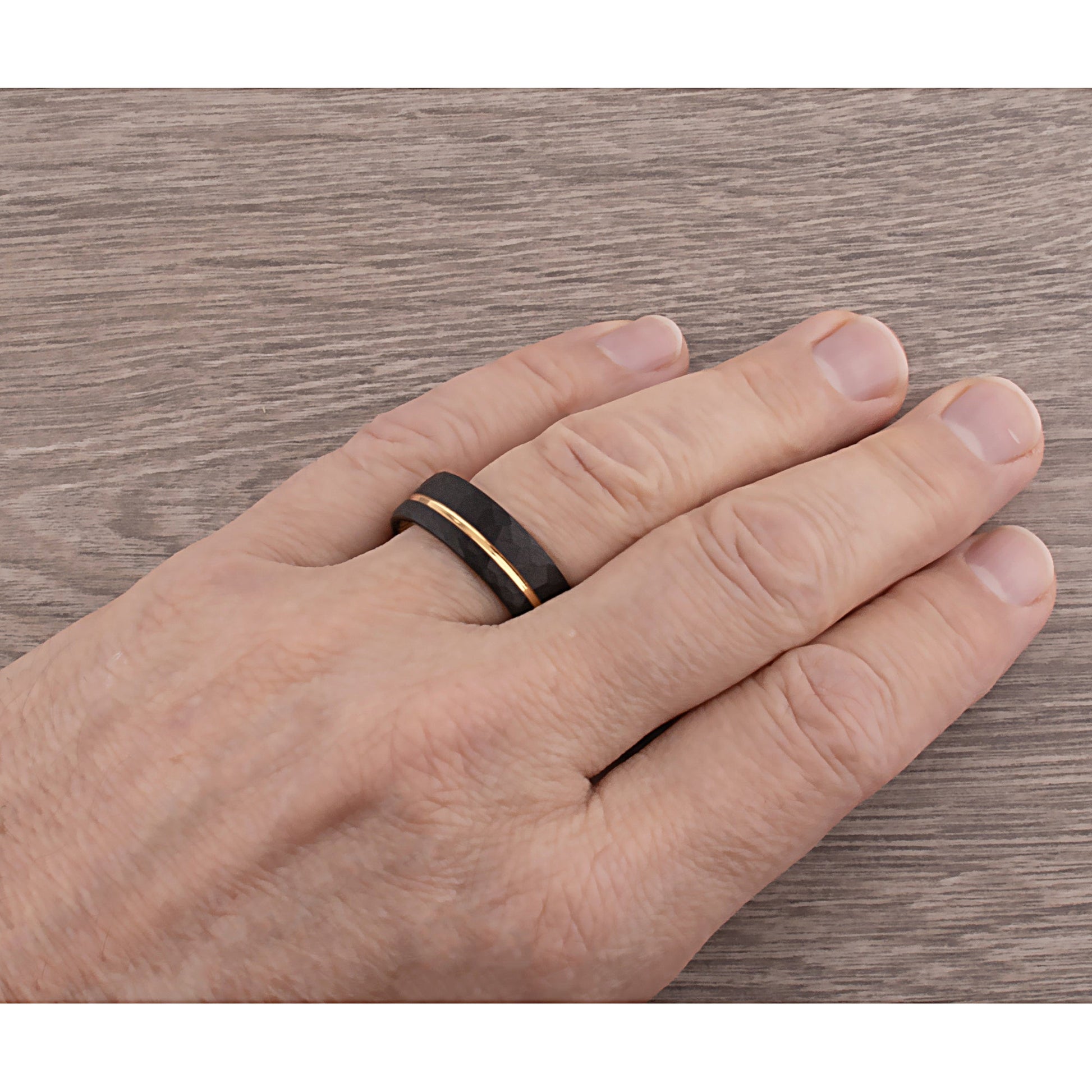 Black and Yellow Gold Tungsten Carbide Men's Wedding Band or Engagement Ring 8mm Wide with Brushed Faceted Surface