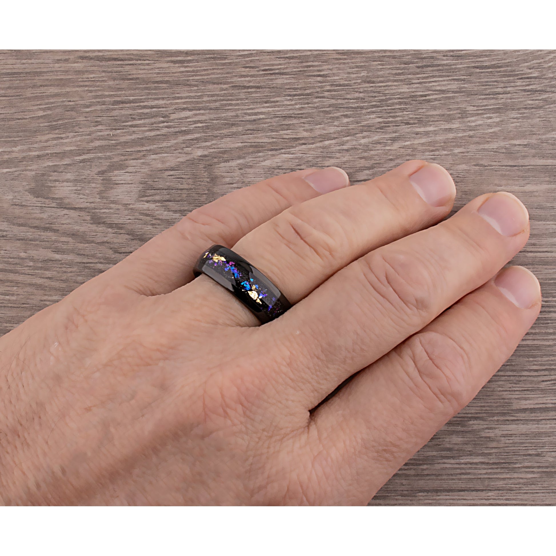 Gold Leaf and Crushed Sandstone Celestial Galaxy Black Tungsten Wedding Band 8mm Wide that Mimics the Orion Nebula