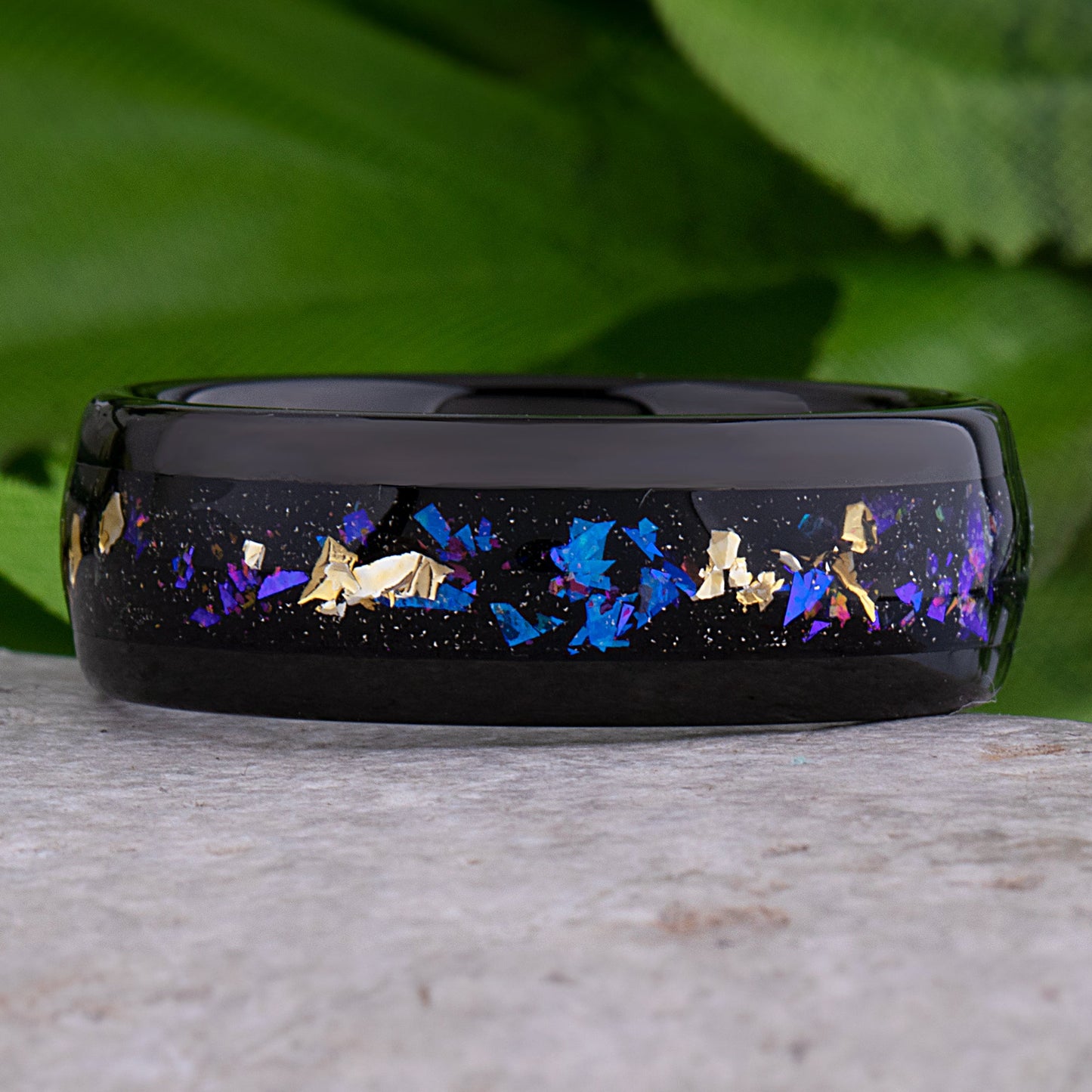 Gold Leaf and Crushed Sandstone Celestial Galaxy Black Tungsten Wedding Band 8mm Wide that Mimics the Orion Nebula