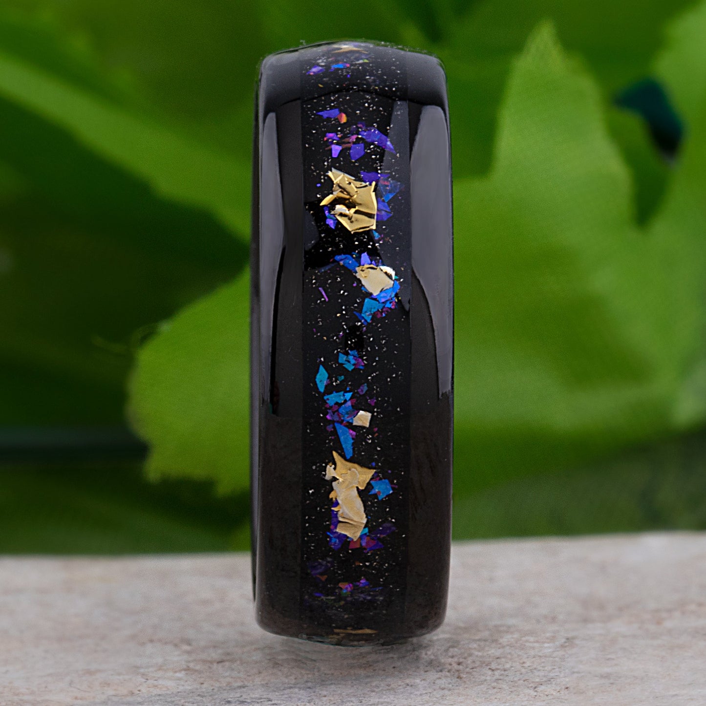 Gold Leaf and Crushed Sandstone Celestial Galaxy Black Tungsten Wedding Band 8mm Wide that Mimics the Orion Nebula