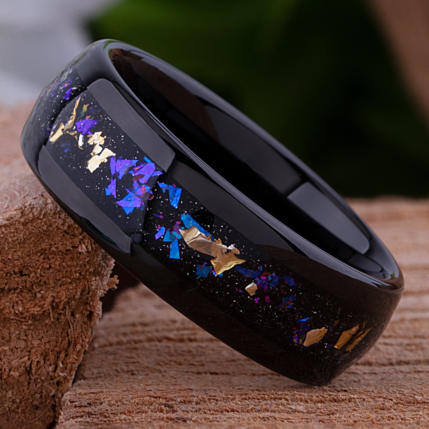 Gold Leaf and Crushed Sandstone Celestial Galaxy Black Tungsten Wedding Band 8mm Wide that Mimics the Orion Nebula