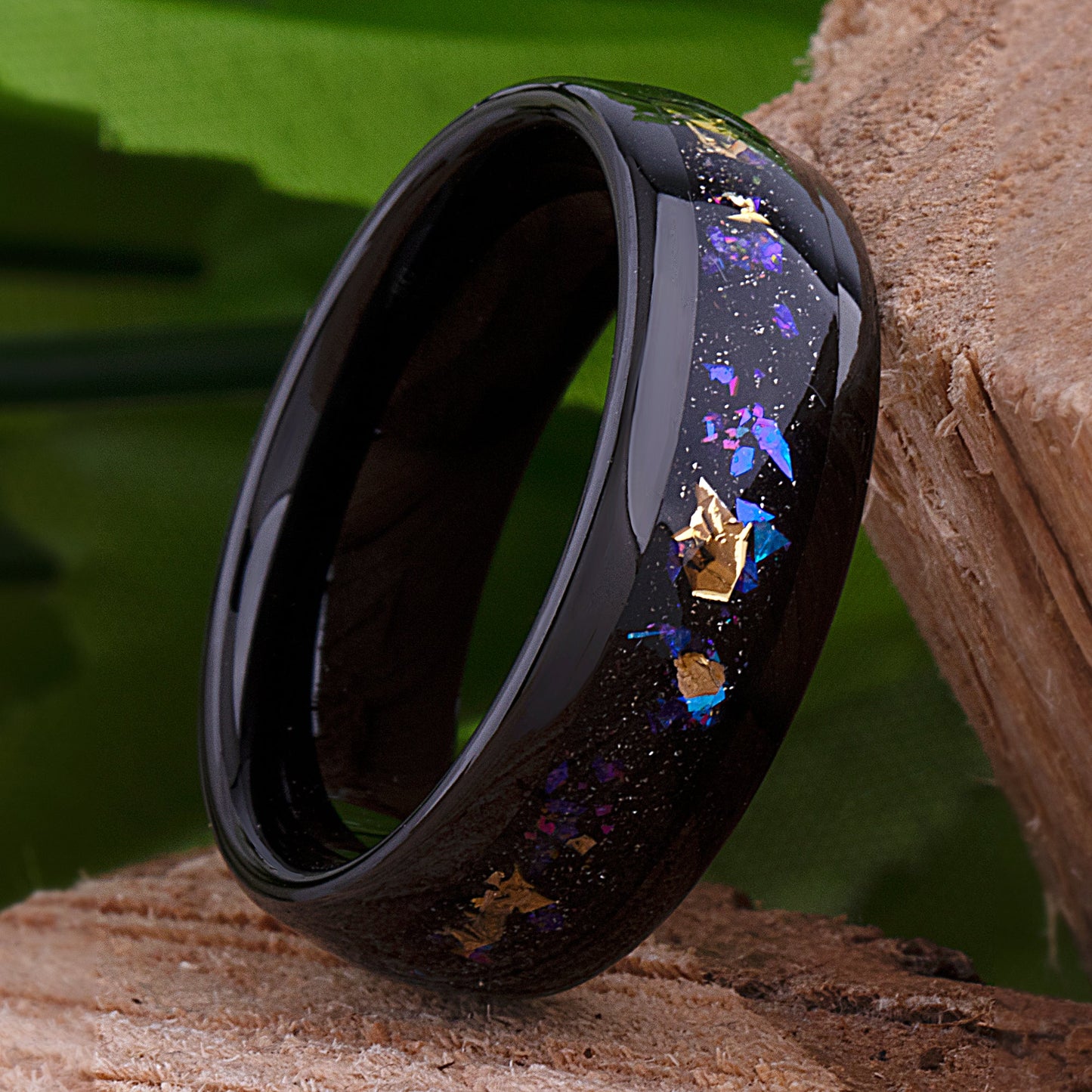 Gold Leaf and Crushed Sandstone Celestial Galaxy Black Tungsten Wedding Band 8mm Wide that Mimics the Orion Nebula