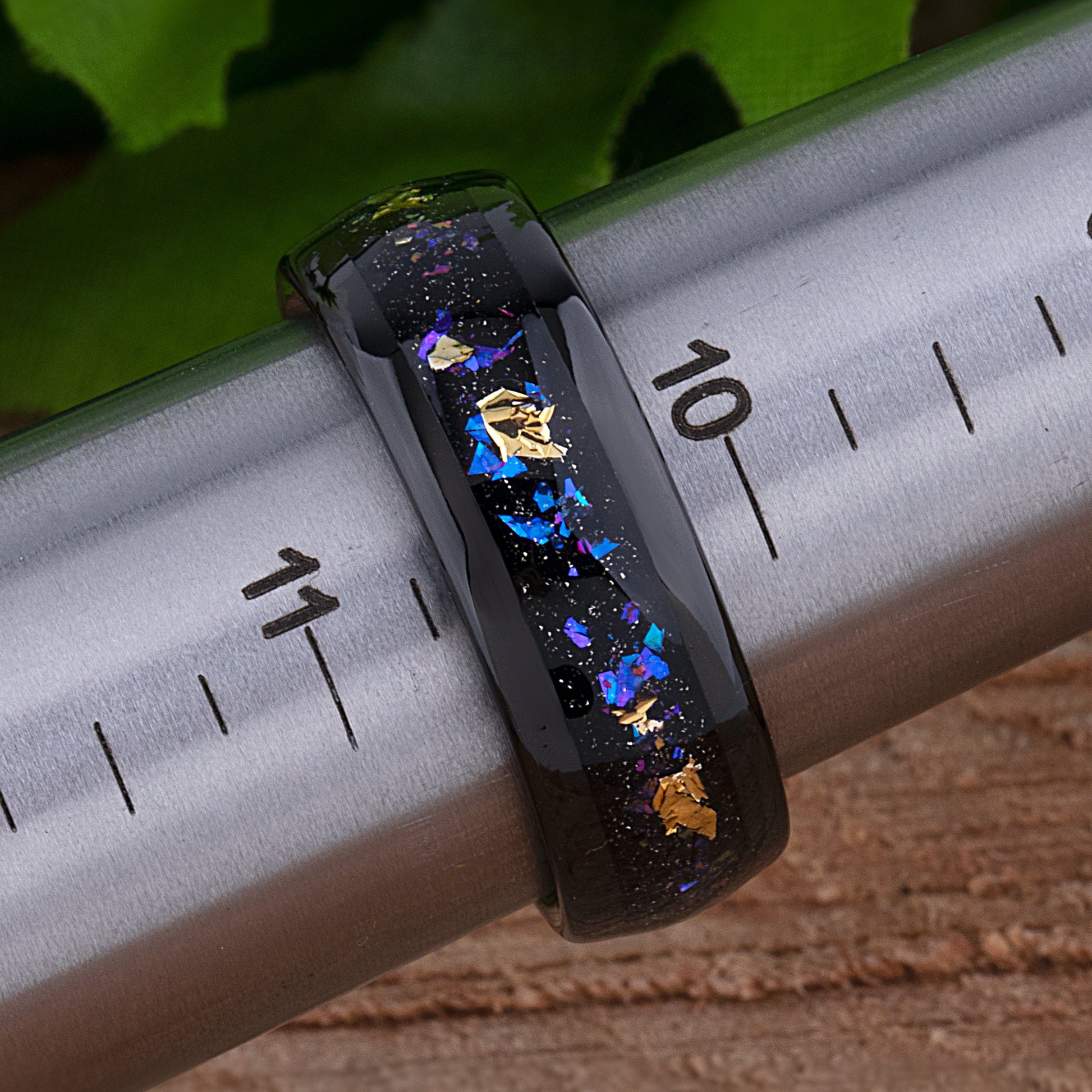 Gold Leaf and Crushed Sandstone Celestial Galaxy Black Tungsten Wedding Band 8mm Wide that Mimics the Orion Nebula