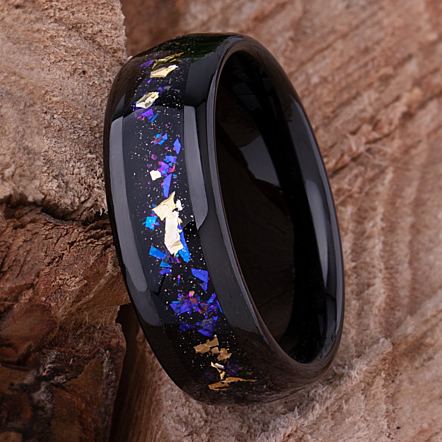 Gold Leaf and Crushed Sandstone Celestial Galaxy Black Tungsten Wedding Band 8mm Wide that Mimics the Orion Nebula