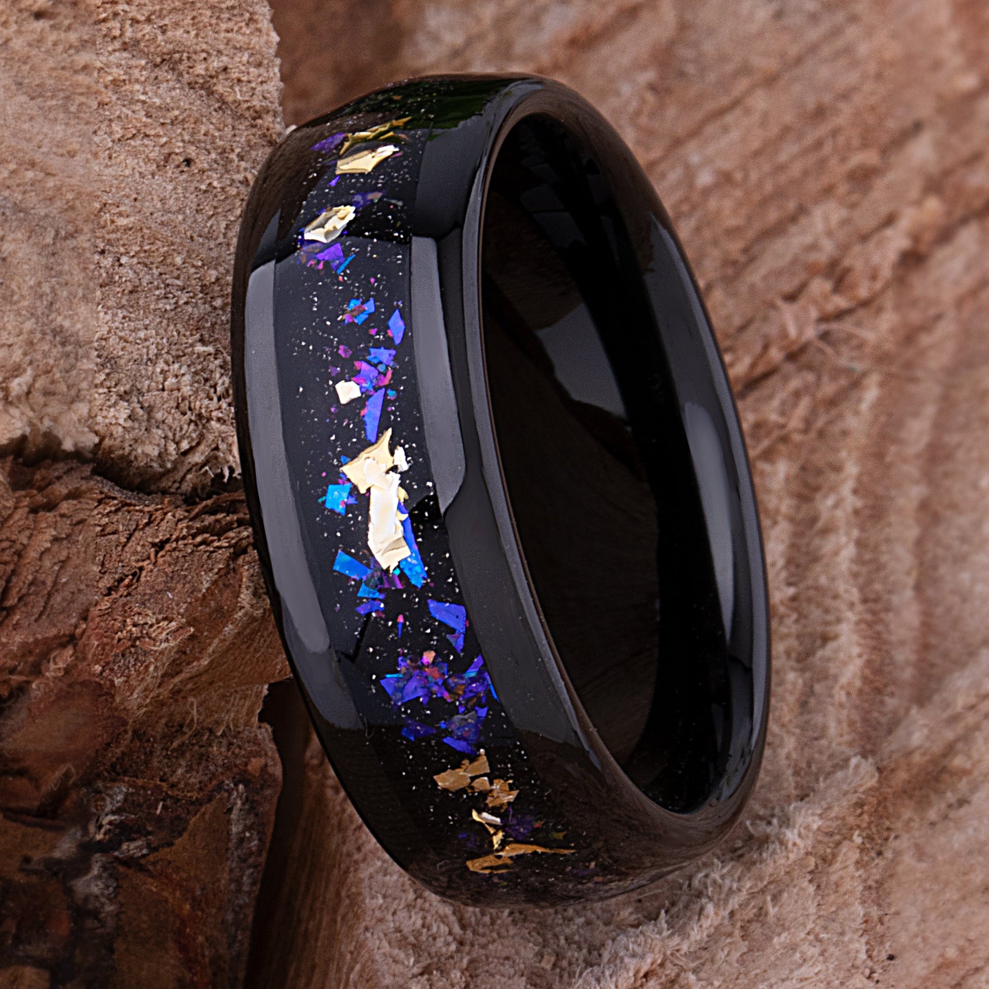 Gold Leaf and Crushed Sandstone Celestial Galaxy Black Tungsten Wedding Band 8mm Wide that Mimics the Orion Nebula