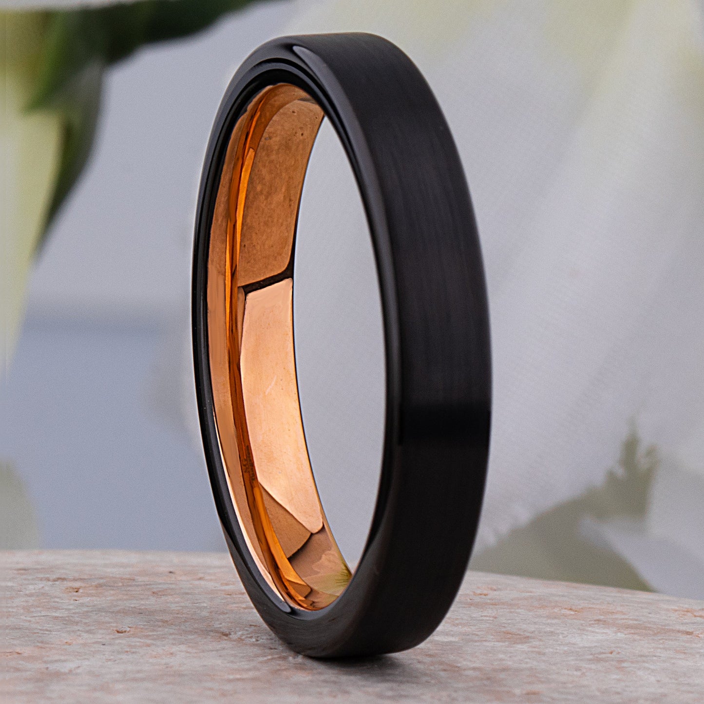 Unisex Black and Rose Gold Tungsten Wedding Ring - 4mm Width