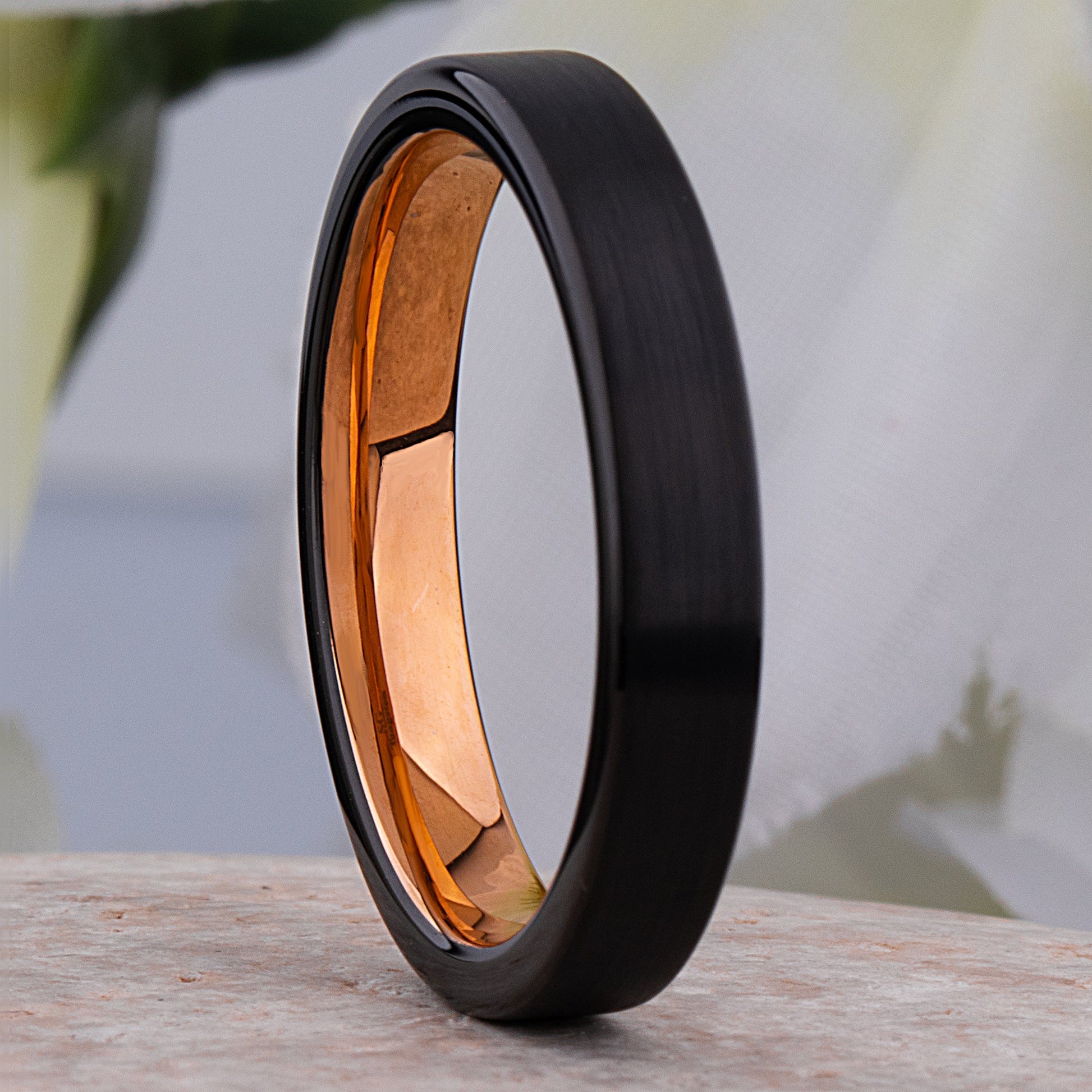Unisex Black and Rose Gold Tungsten Wedding Ring - 4mm Width