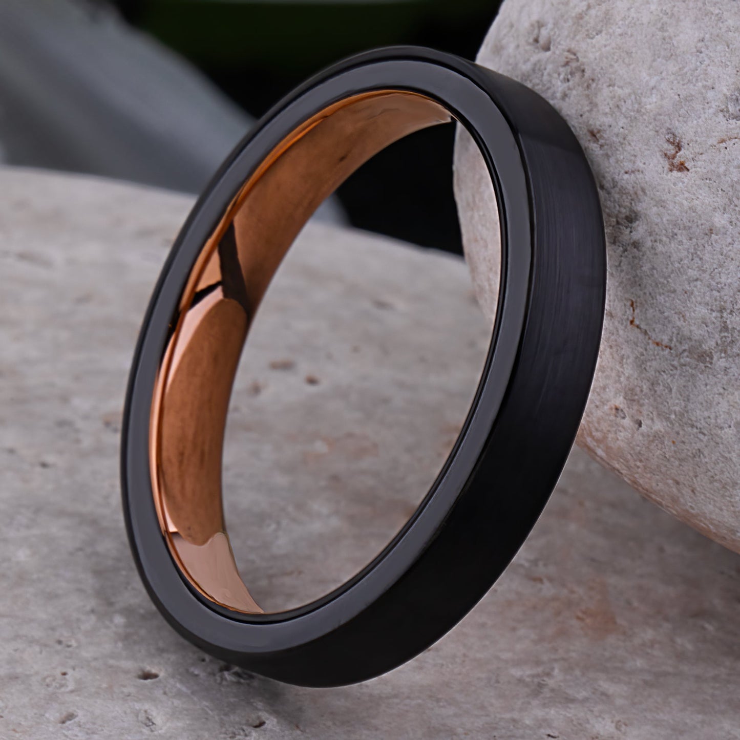 Unisex Black and Rose Gold Tungsten Wedding Ring - 4mm Width