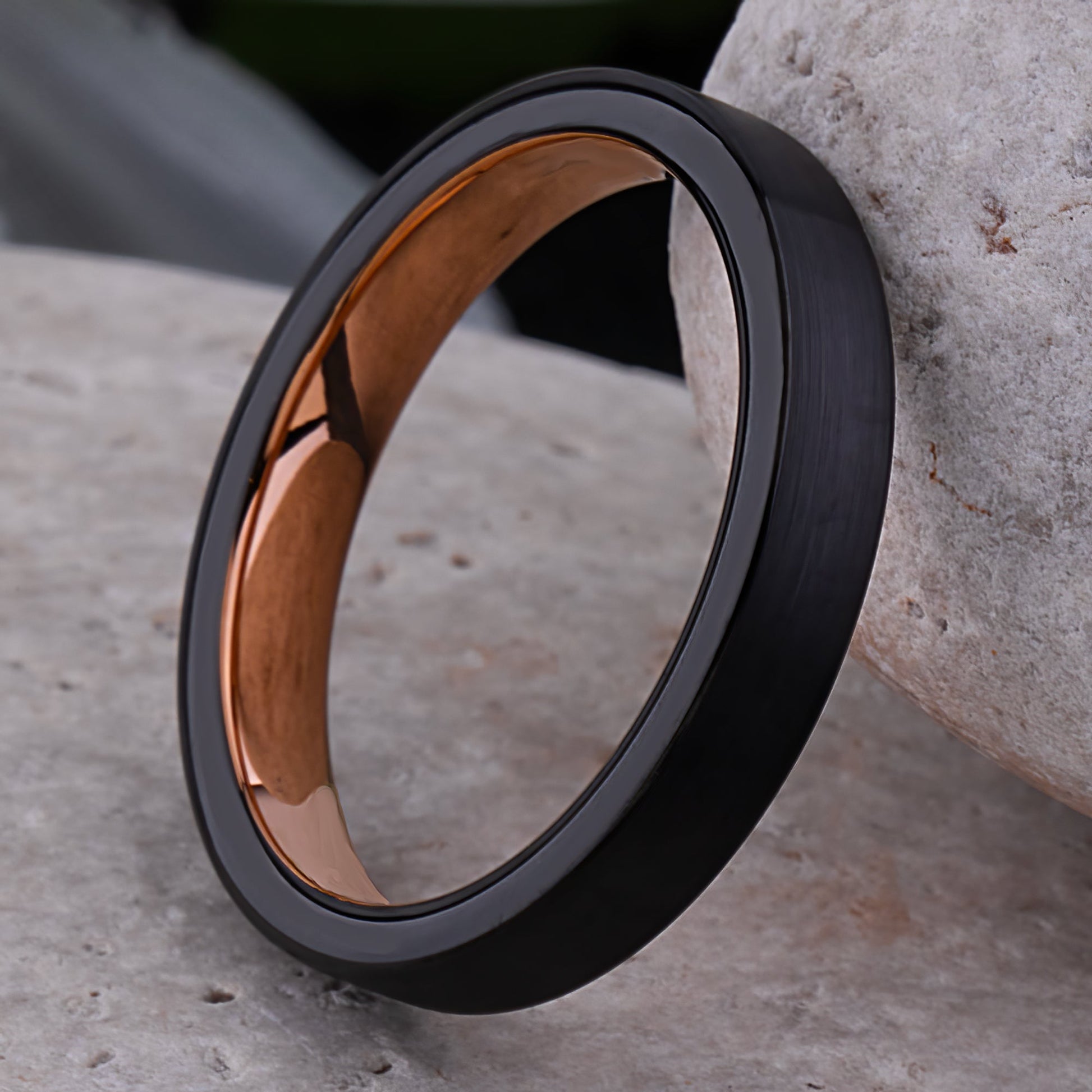 Unisex Black and Rose Gold Tungsten Wedding Ring - 4mm Width