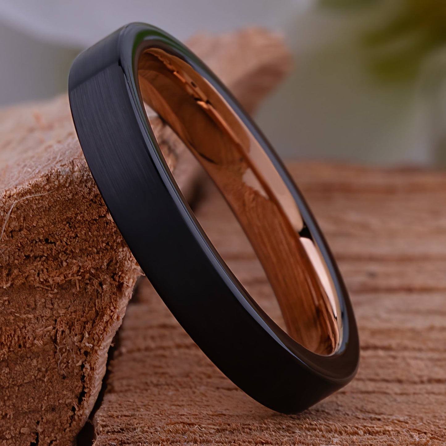 Unisex Black and Rose Gold Tungsten Wedding Ring - 4mm Width