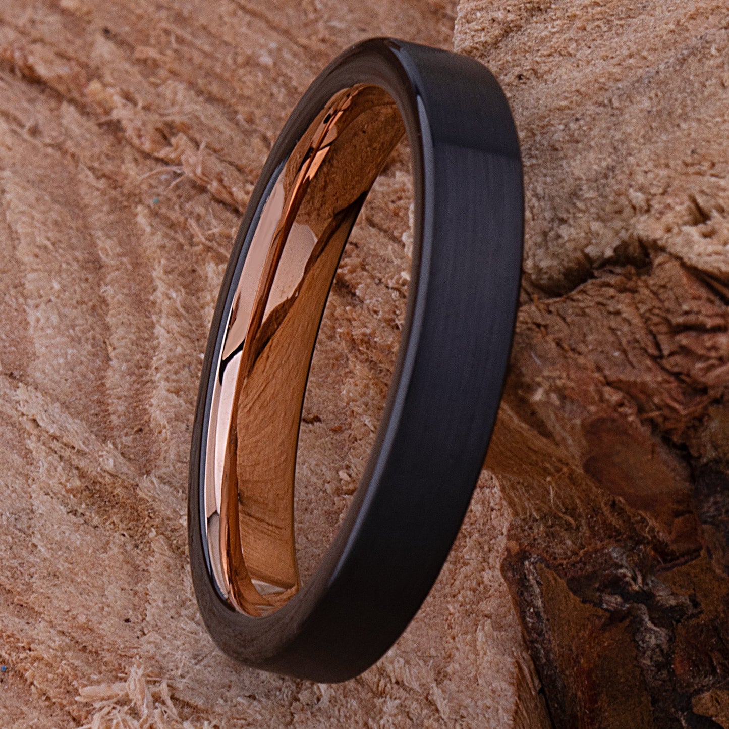 Unisex Black and Rose Gold Tungsten Wedding Ring - 4mm Width