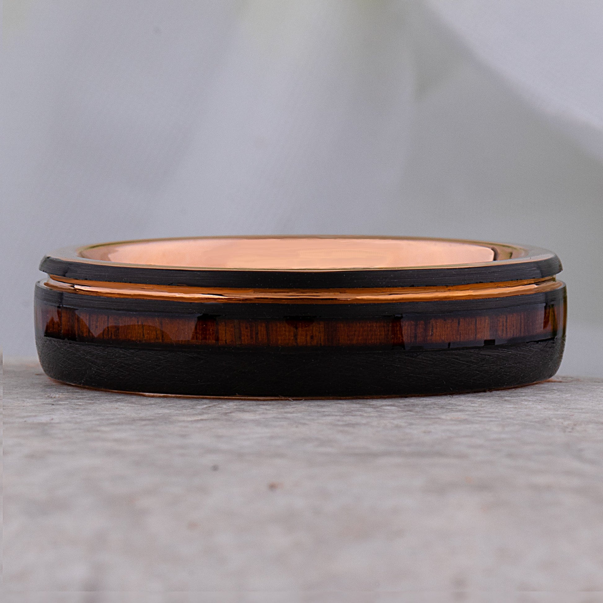 Black and Rose Gold Tungsten Ring with Rosewood Inlay - 6mm Width
