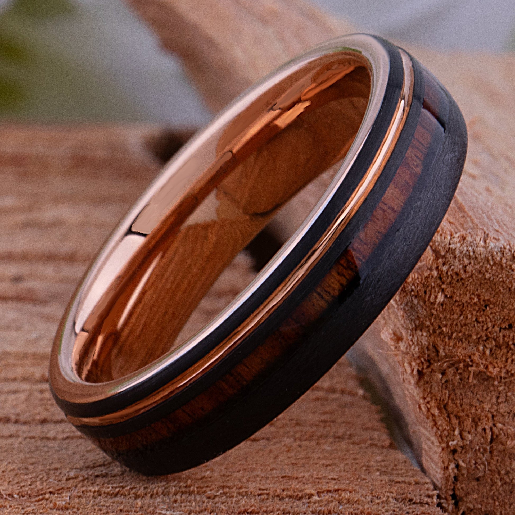 Black and Rose Gold Tungsten Ring with Rosewood Inlay - 6mm Width