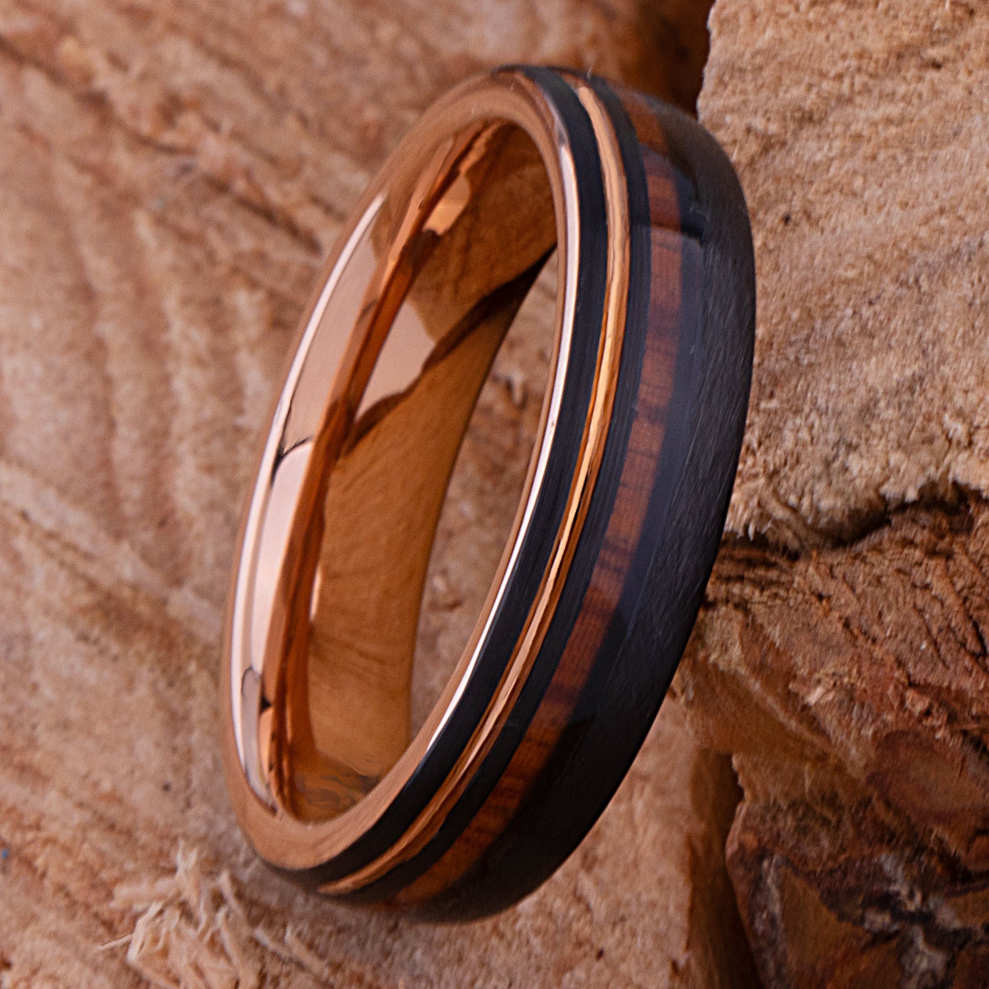 Black and Rose Gold Tungsten Ring with Rosewood Inlay - 6mm Width