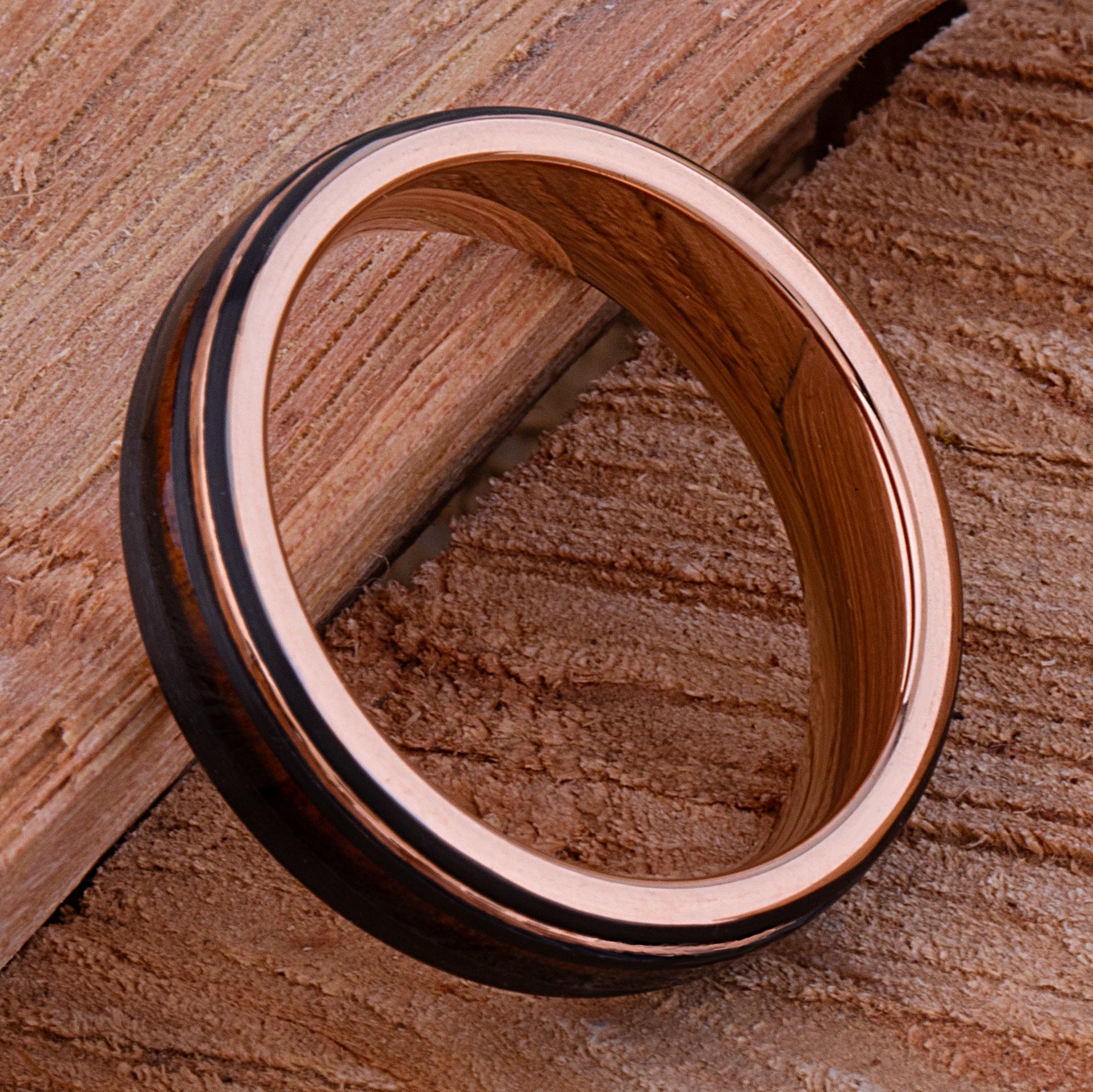 Black and Rose Gold Tungsten Ring with Rosewood Inlay - 6mm Width