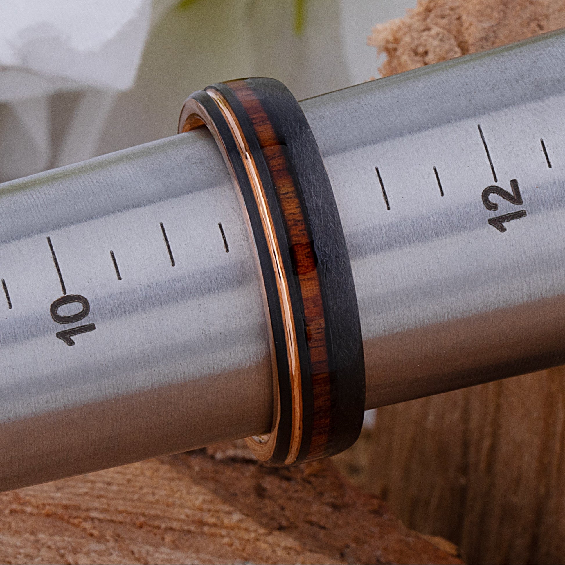 Black and Rose Gold Tungsten Ring with Rosewood Inlay - 6mm Width