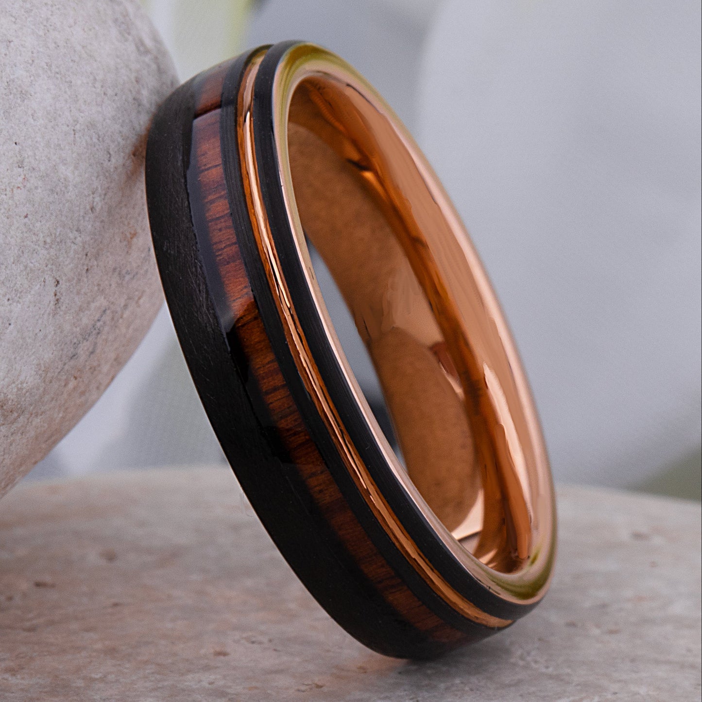 Black and Rose Gold Tungsten Ring with Rosewood Inlay - 6mm Width