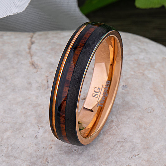 Black and Rose Gold Tungsten Ring with Rosewood Inlay - 6mm Width