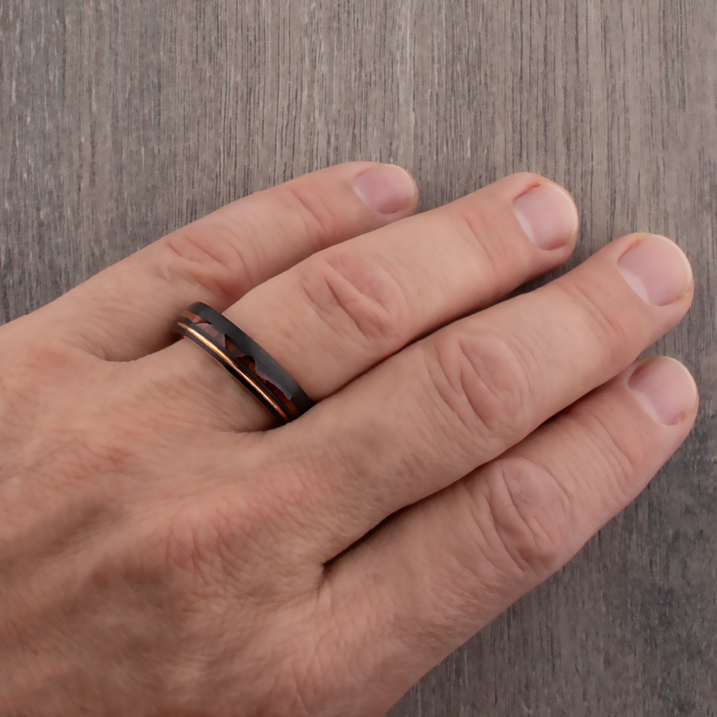 Black and Rose Gold Tungsten Ring with Rosewood Inlay - 6mm Width