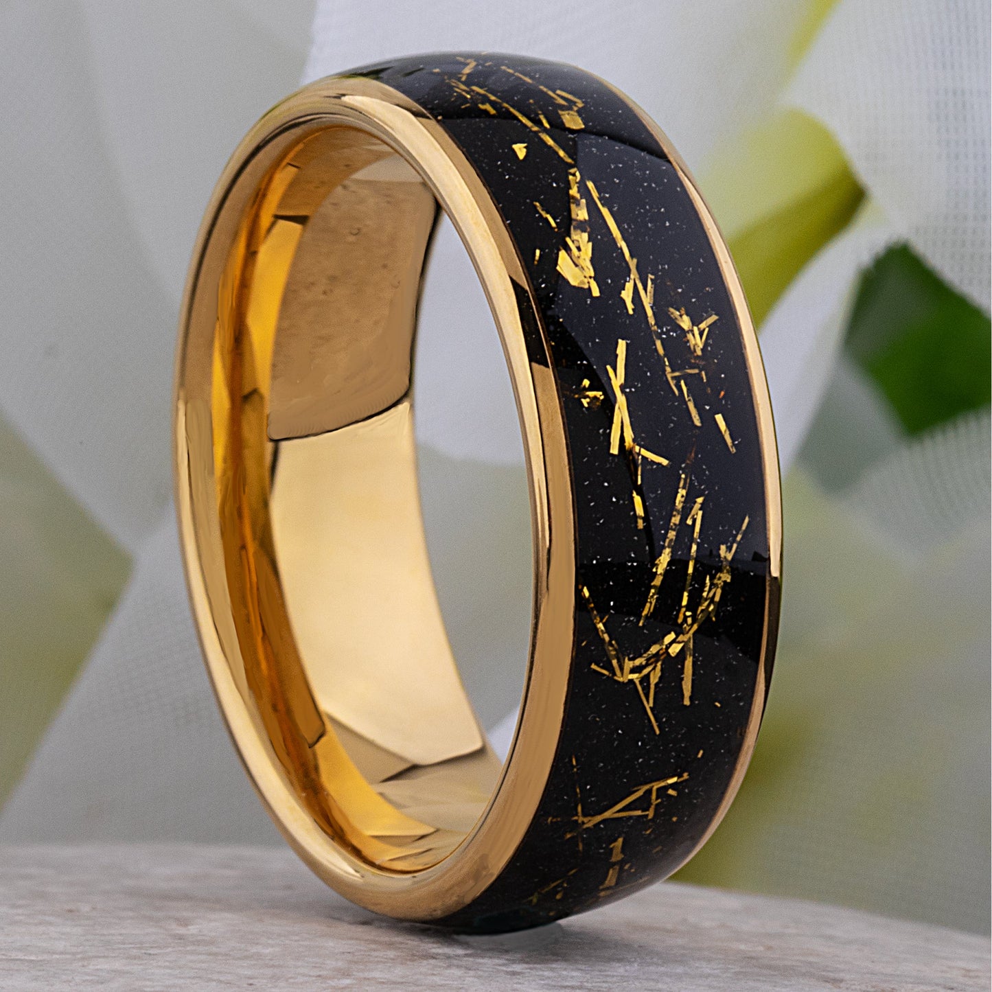 Yellow Gold Leaf and Black Sandstone Tungsten Wedding Band - 8mm Width