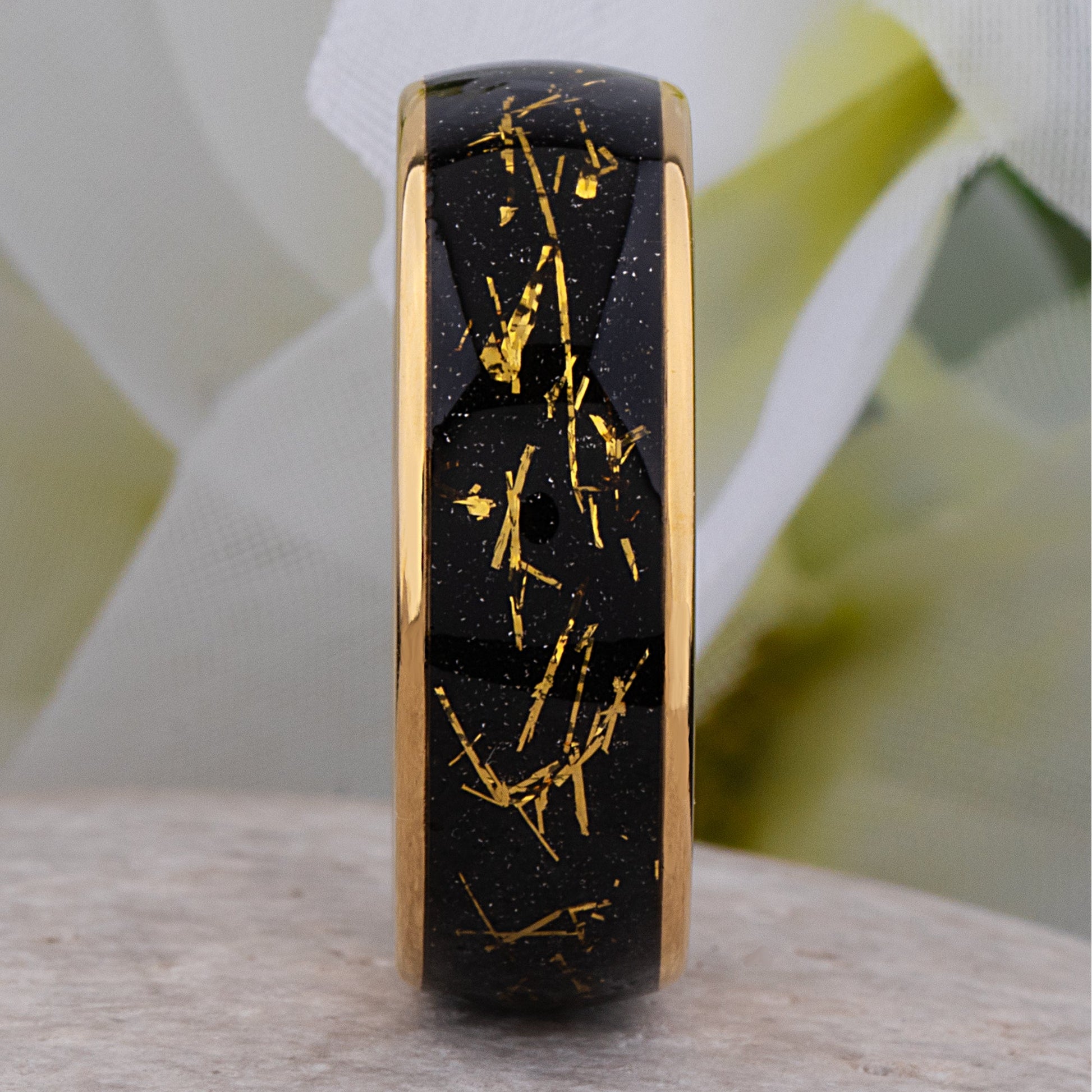 Yellow Gold Leaf and Black Sandstone Tungsten Wedding Band - 8mm Width