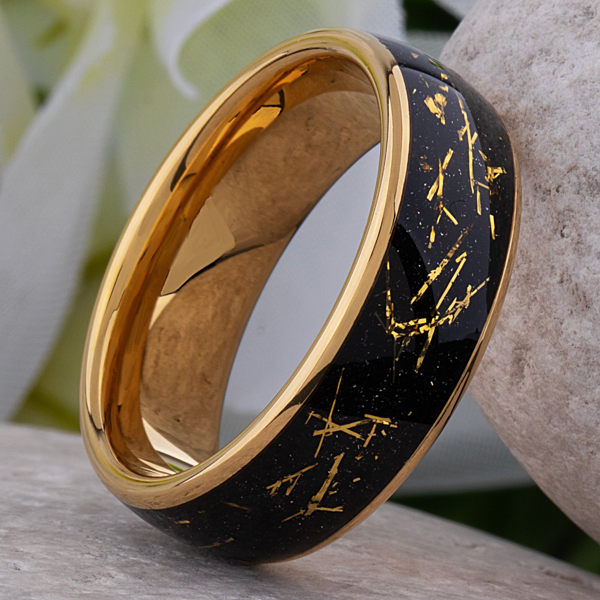 Yellow Gold Leaf and Black Sandstone Tungsten Wedding Band - 8mm Width