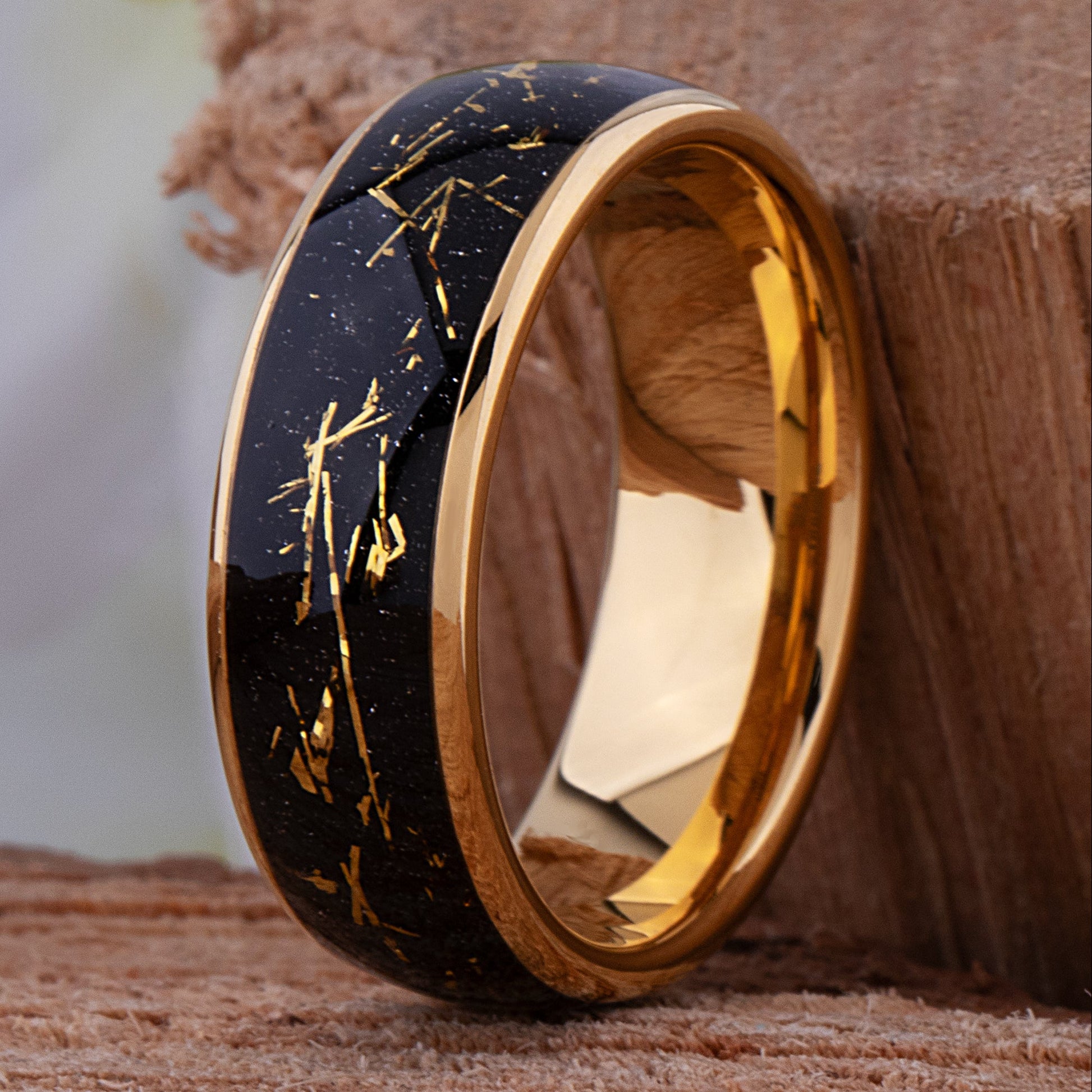 Yellow Gold Leaf and Black Sandstone Tungsten Wedding Band - 8mm Width