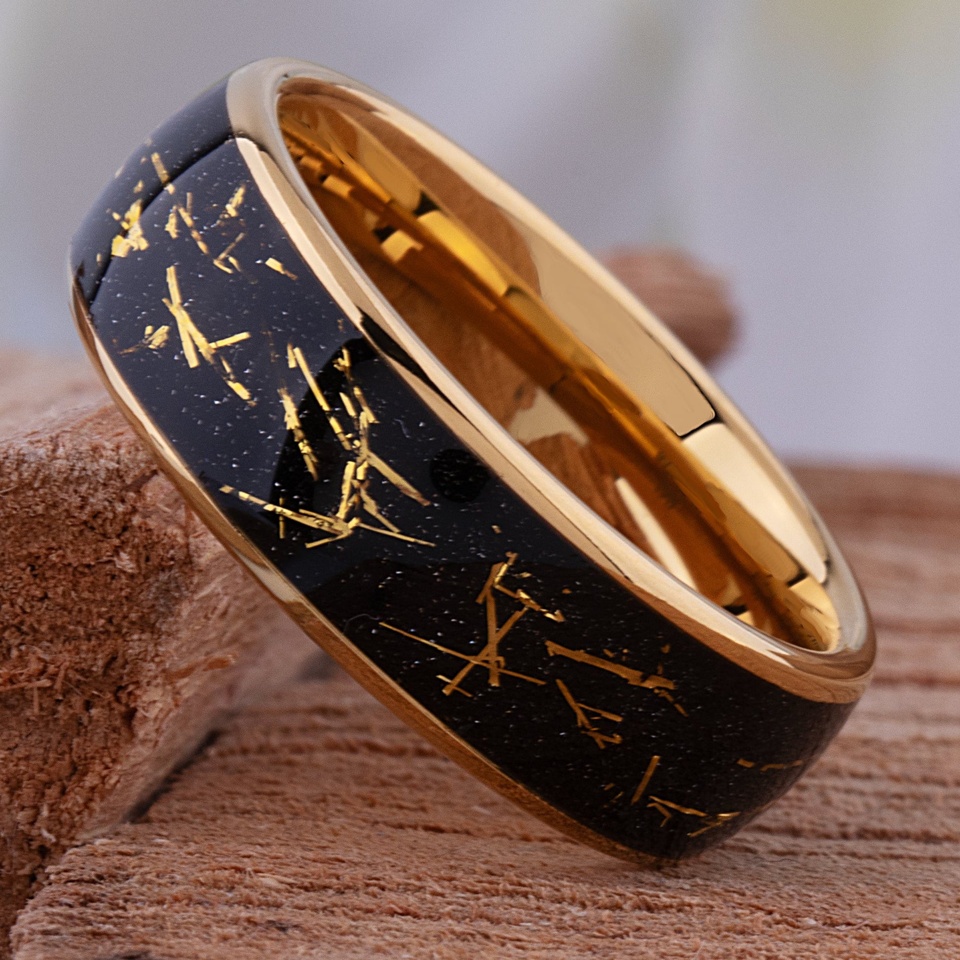 Yellow Gold Leaf and Black Sandstone Tungsten Wedding Band - 8mm Width