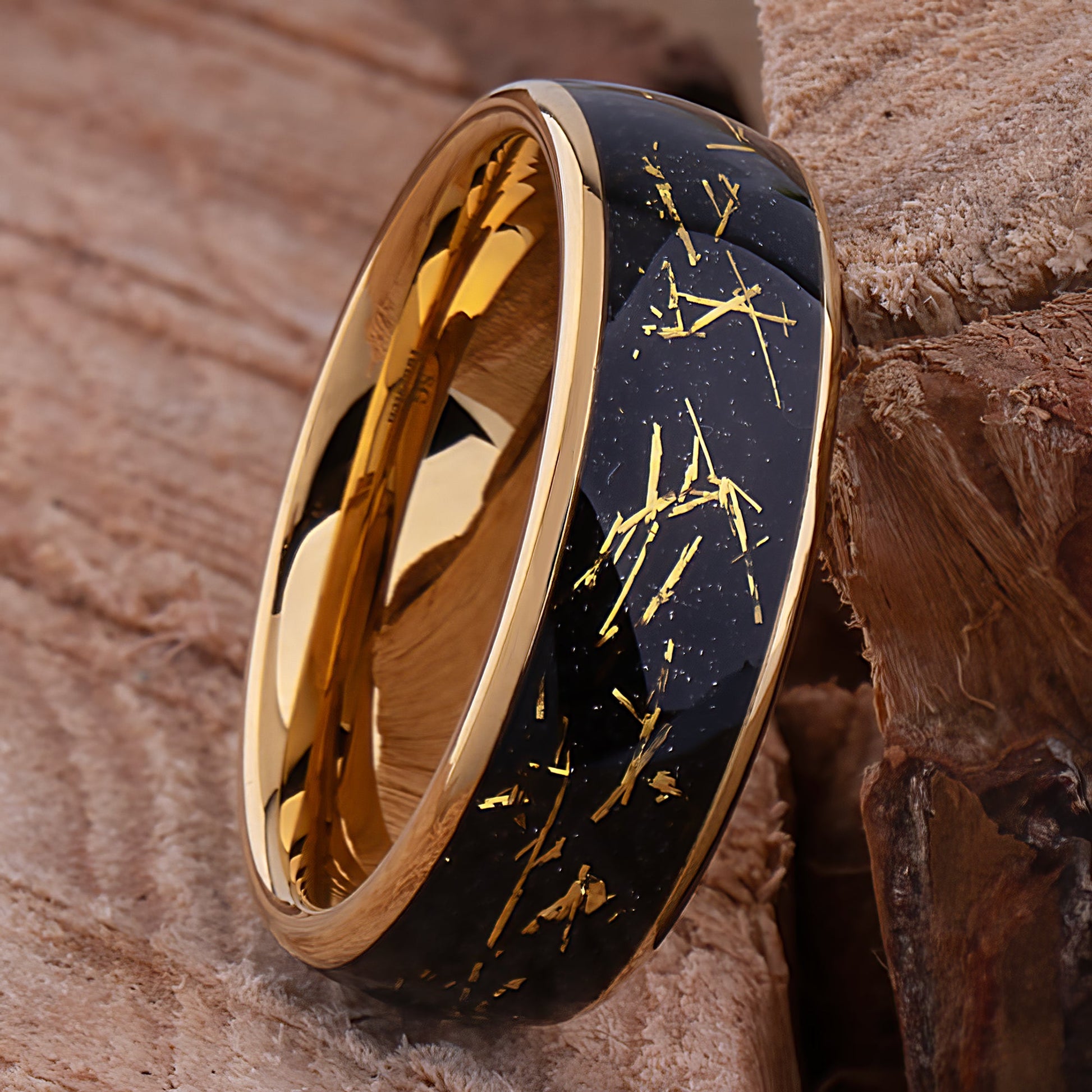Yellow Gold Leaf and Black Sandstone Tungsten Wedding Band - 8mm Width