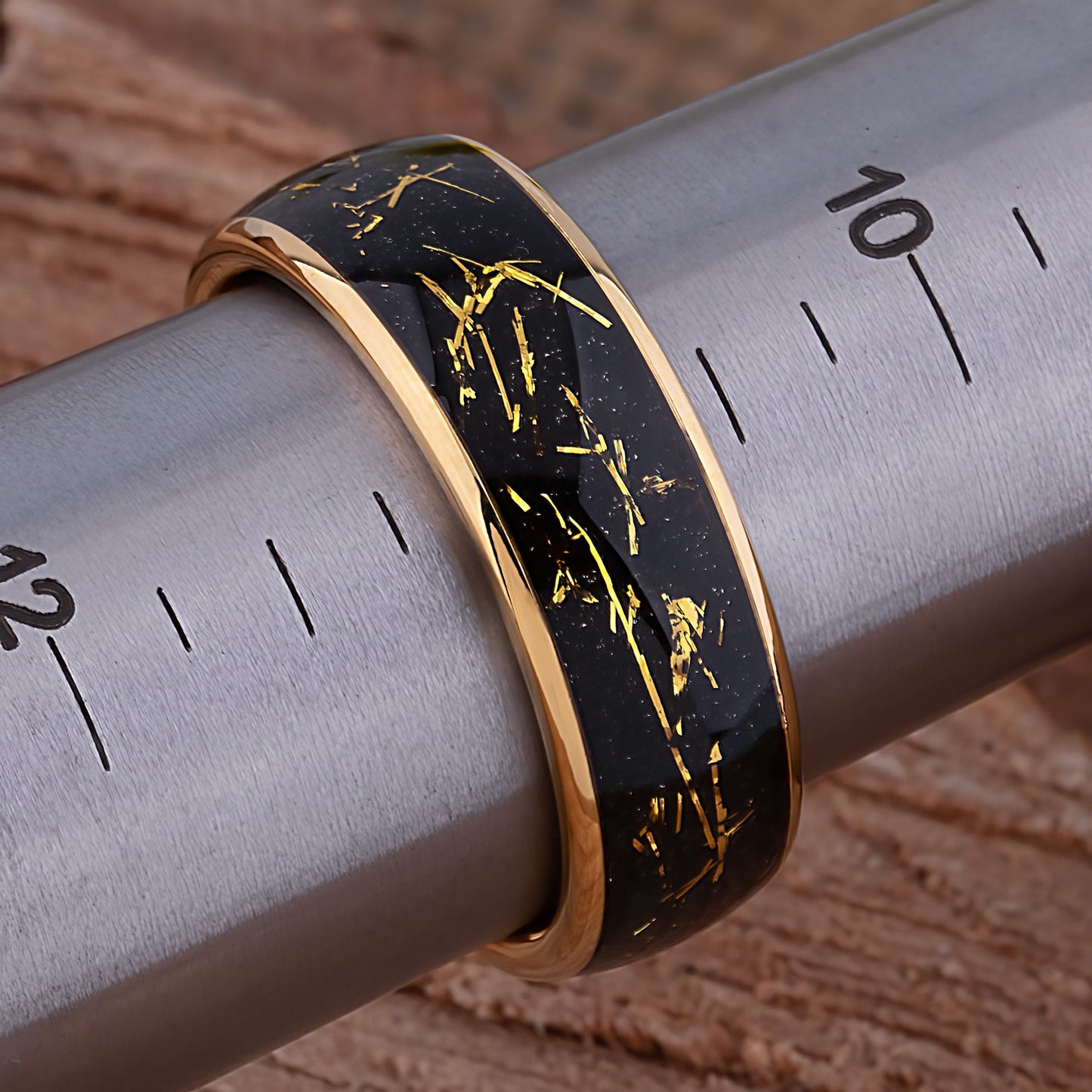 Yellow Gold Leaf and Black Sandstone Tungsten Wedding Band - 8mm Width